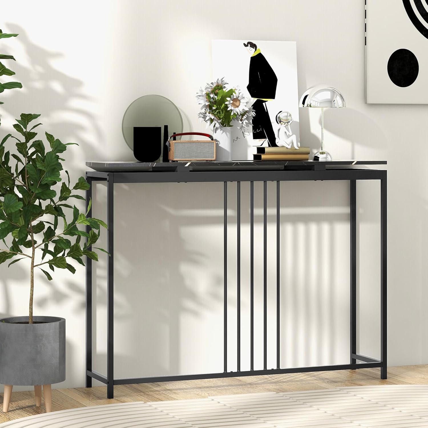 Image of Console Table, 47" Narrow Entryway Table With Marble Tabletop, Modern Behind Sofa Table With Heavy-duty Metal Frame For Living Room, Entrance, Hallway, Black