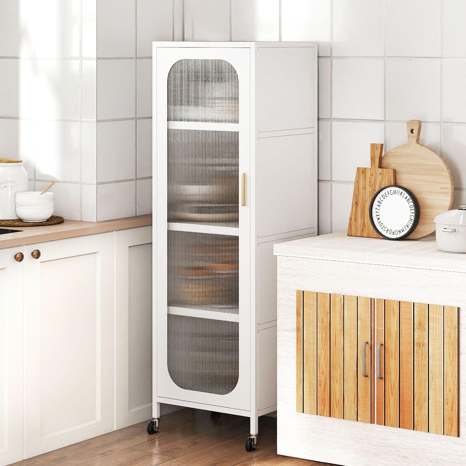 Image of 5-tier Metal Storage Cabinet, Tall Narrow Kitchen Pantry With Adjustable Shelves & Semi-, Freestanding Utility Organizer On Wheels For Dining Room, Bathroom, Living Room
