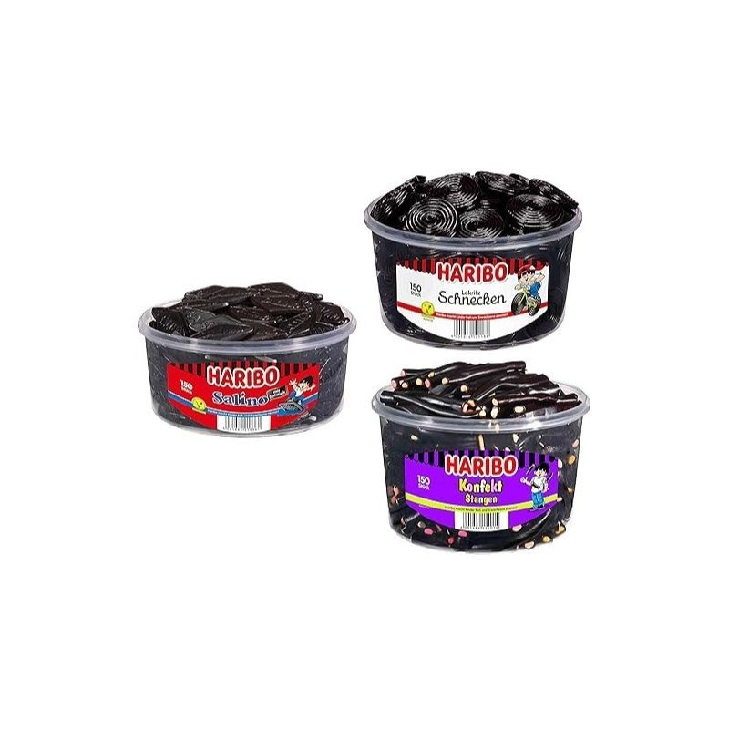 Image of Haribo 3-can Mix Set: 1 Can Of Candy Sticks, 1 Can Of Licorice Snails, 1 Can Of Salino/licorice Mix