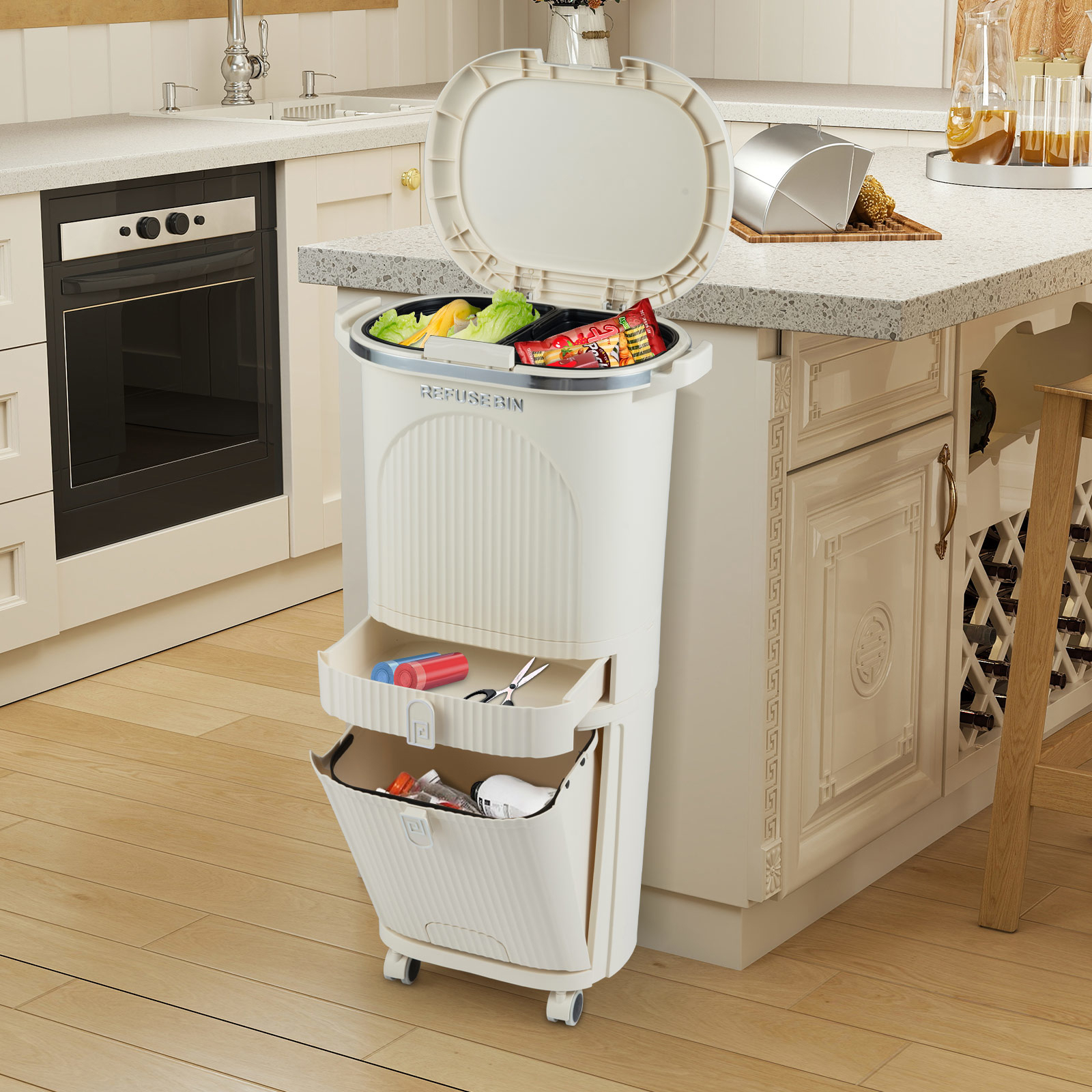 11 Gallon/42l Kitchen Trash Can With Lid, 3-layer Sorting Trash Bin With 2 Removable Buckets, Drawer, Step Pedal & Wheels, Vertical Garbage Bin, Waste Container For Living Room Kitchen Bathroom