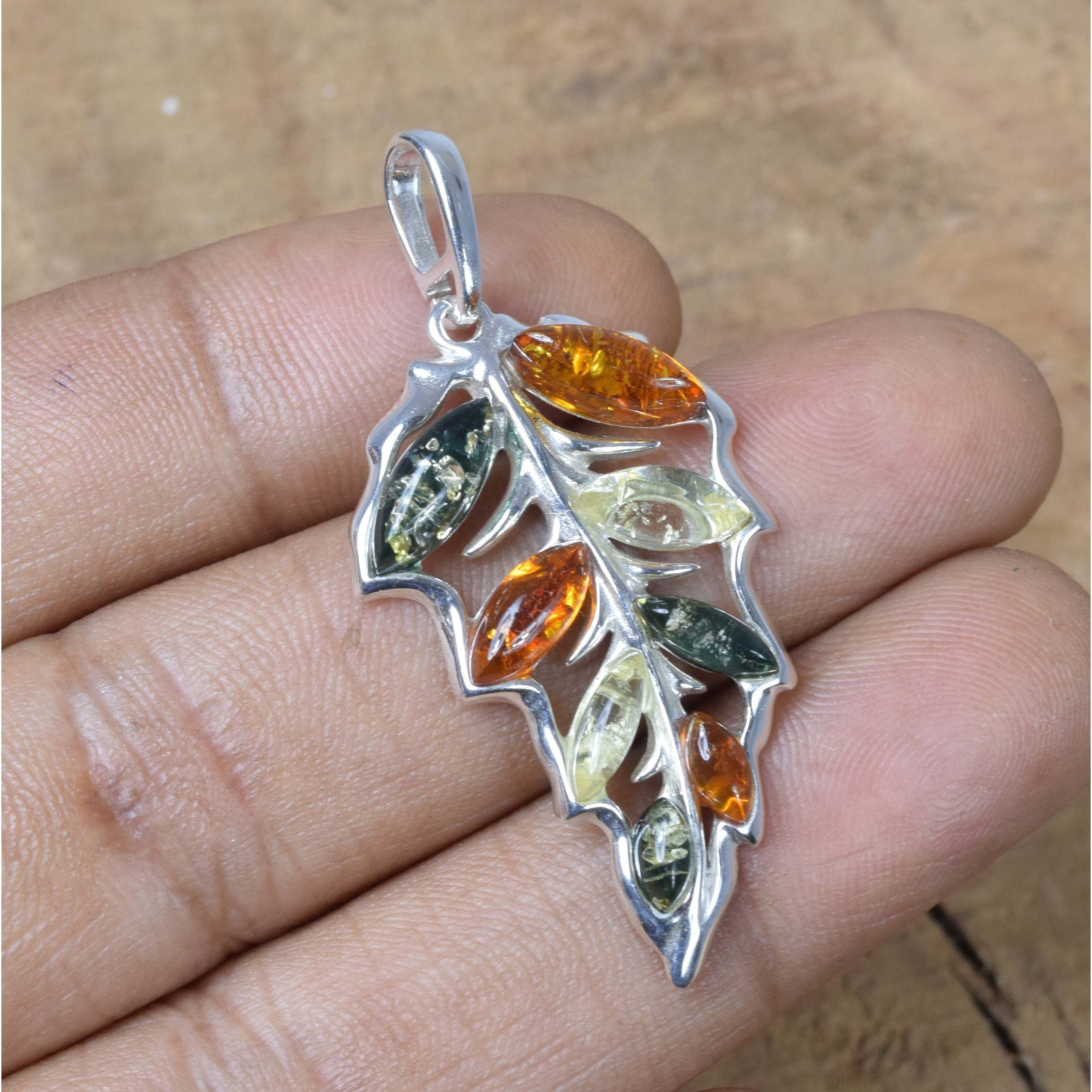 Baltic Amber 925 Sterling Silver Leaf Pendant