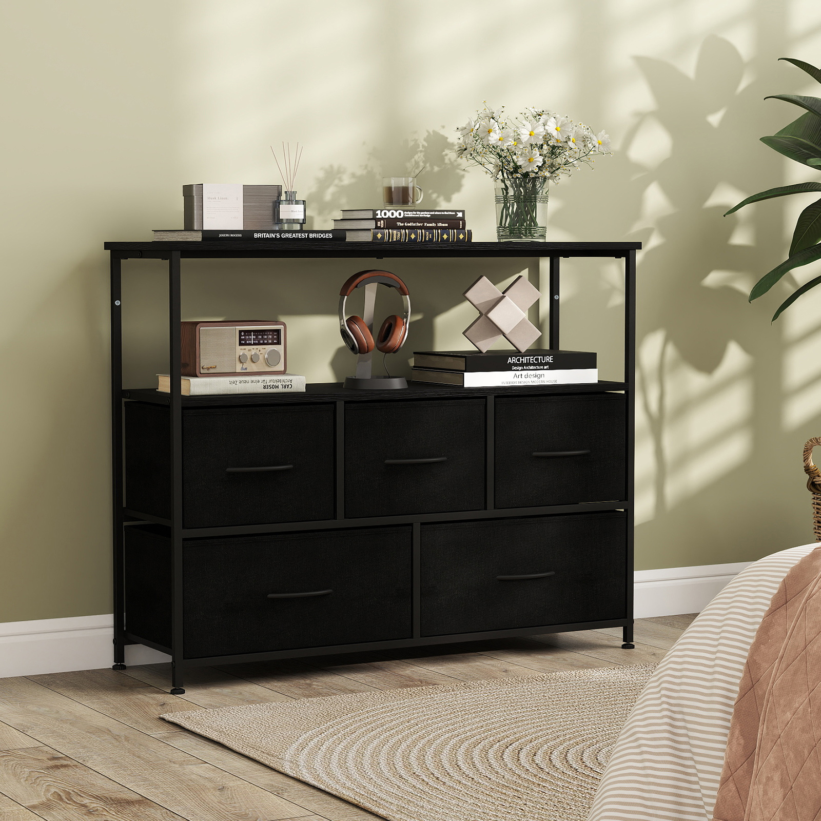Dresser For Bedroom With 5 Drawers, Wide Chest Of Drawers With 2 Wooden Open Shelves And Heavy Duty Metal Frame, Storage Organizer Unit, Storage Dresser For Entryway, Living Room And Closet