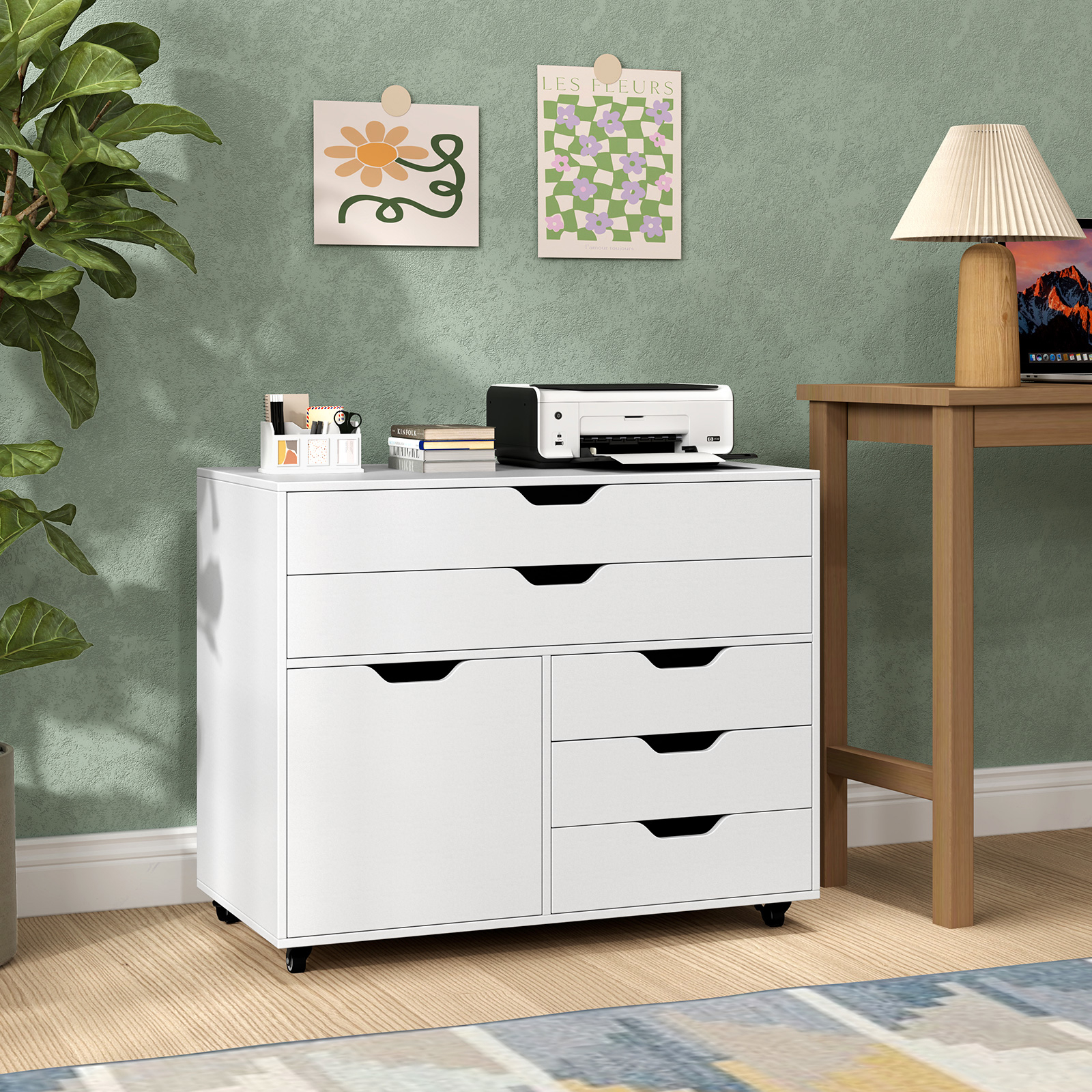 Image of 5-drawer Chest With Door, Mobile Chest Of Drawers With 5 Casters, Rolling Lateral File Cabinet Printer Stand, Modern Vertical Storage Cabinet For Living Room, Study, Home Office, White