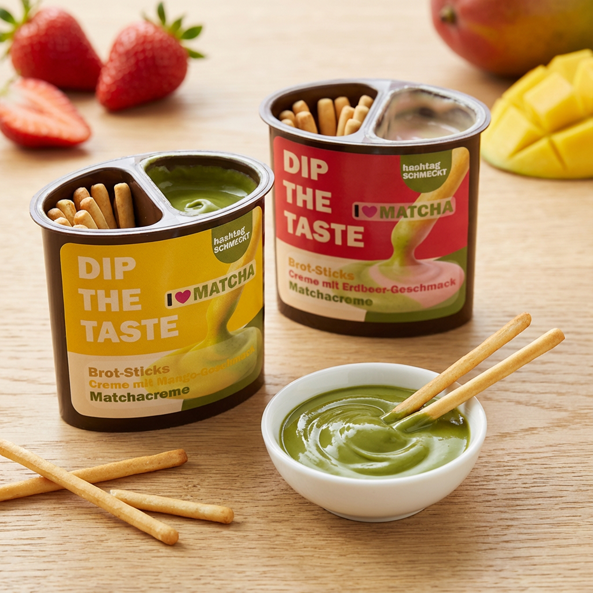E-shop DIP THE TASTE Matcha Snack-Set – 110 g (2×55 g) – Brotsticks mit Matchacreme & Mango-/Erdbeer-Geschmack – Crunchiger Dipp-Snack aus ????????-Import