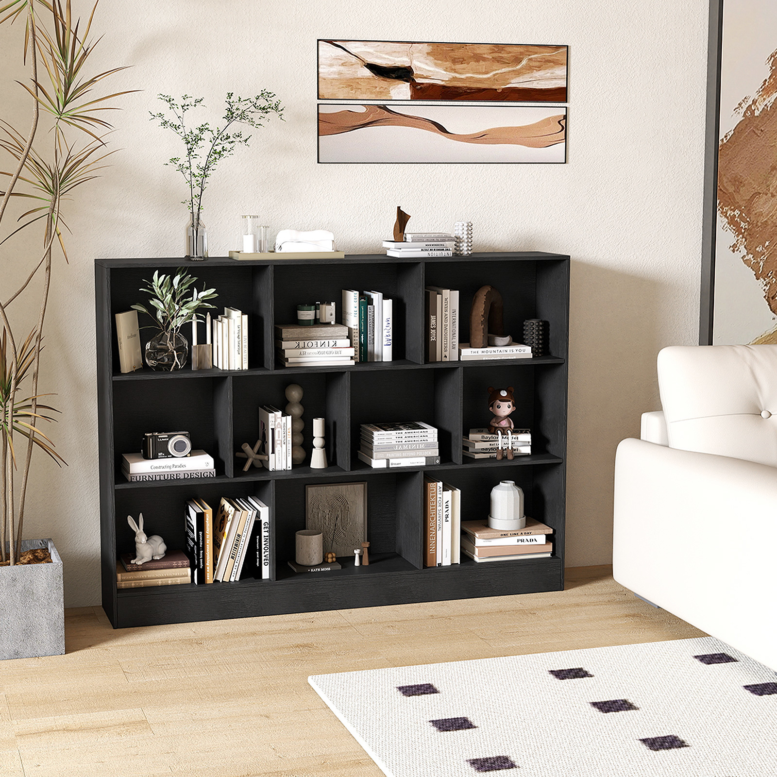 Image of 10-cube Bookshelf, 3-tier Freestanding Storage Organizer With 2 Anti-tipping Kits, 140 Cm Wood Display Shelf For Living Room, Bedroom, , Office, Black