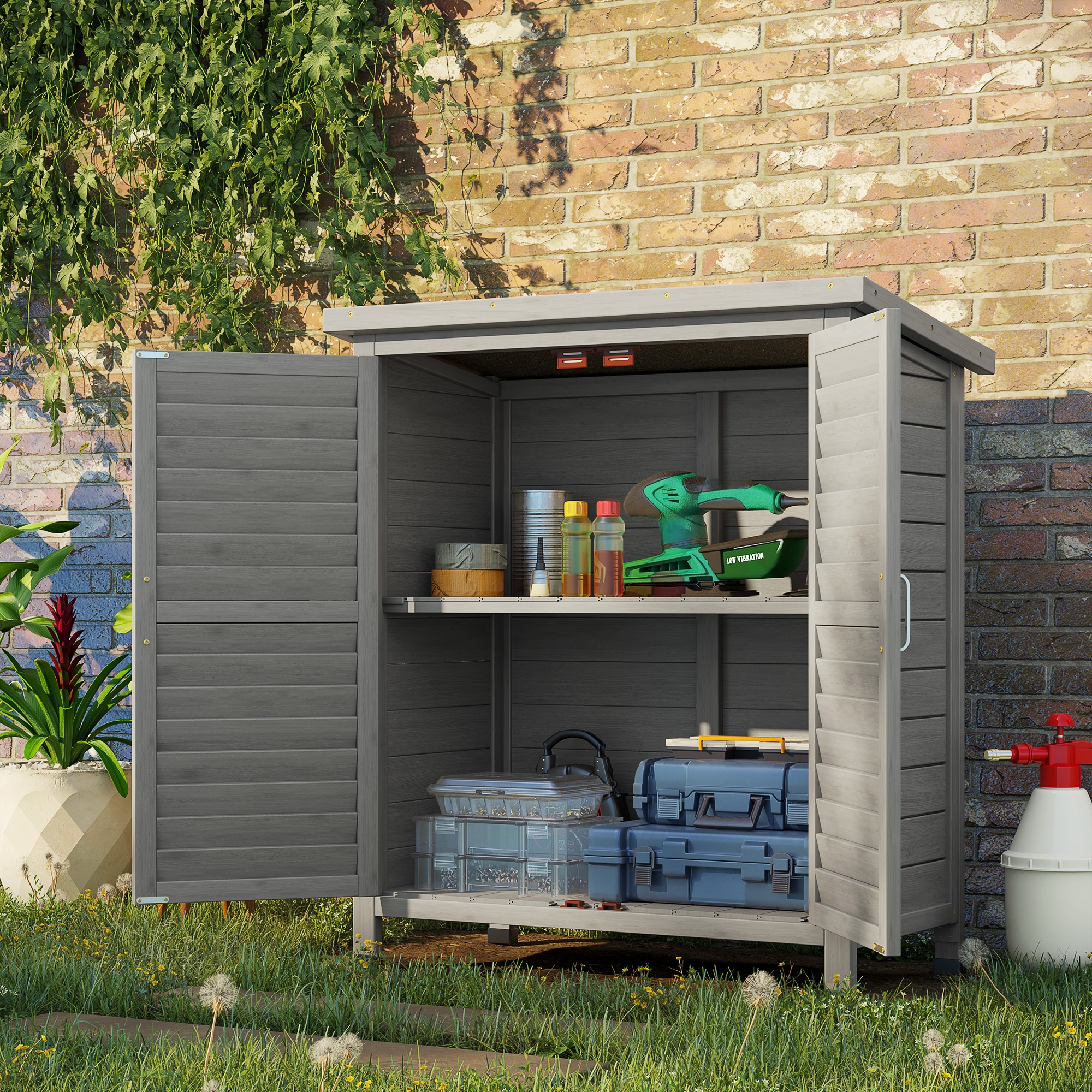 Image of Outdoor Wooden Storage Shed For Garden With 2 Interior Shelves, 2 Doors, And Roof For Exterior Terrace 87x46.5x96.5 Cm