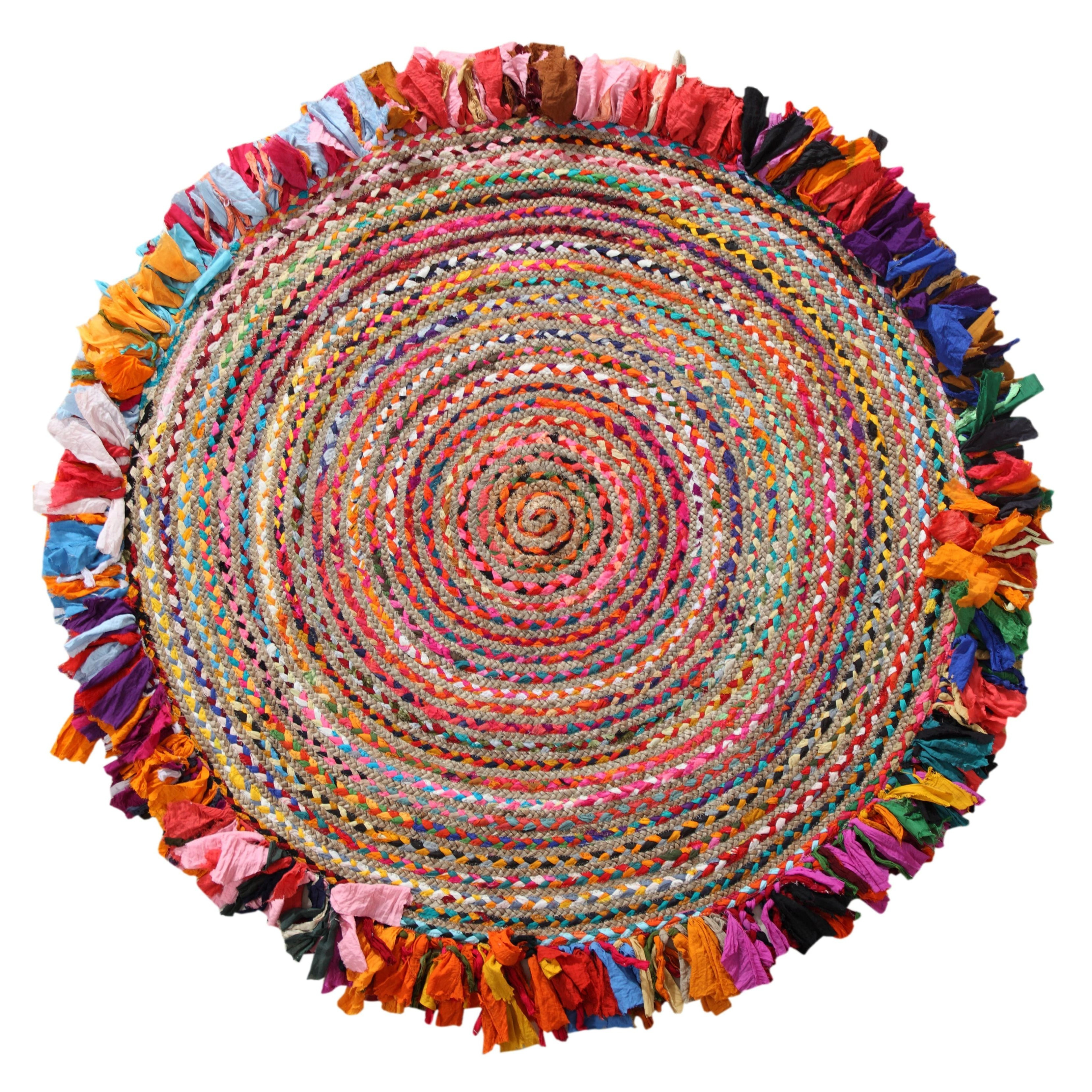   aura boho round jute rug with fringe   braided   area rug natural fiber multicolour pastel denim blue 120cm 150cm 180cm diameter
