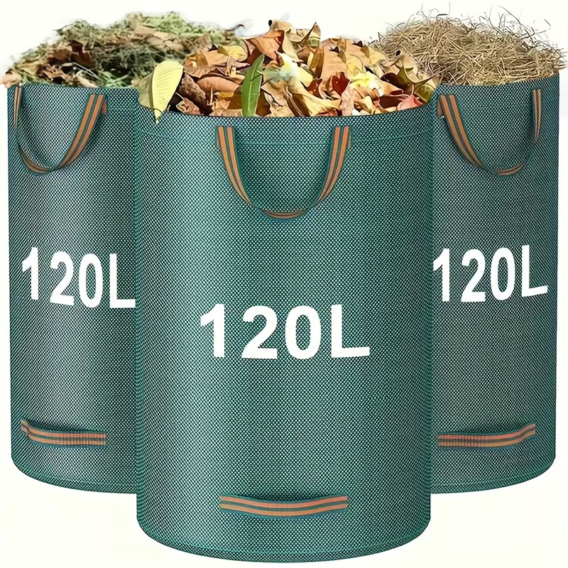 3pcs of 120l heavy duty garden bags with handles reusable pp lawn and leaf waste containers for   cleaning waste collection and garden maintenance