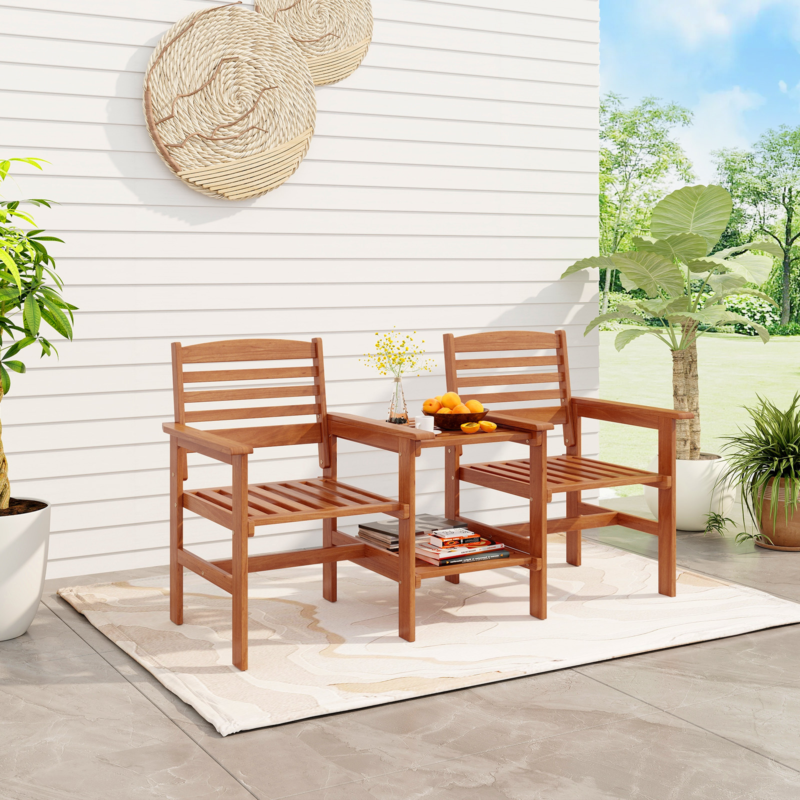 Image of Outdoor Patio Loveseat With Table, Wood 2-seat Conversation Set With Coffee Table And Umbrella Hole, Outdoor Furniture Set For Garden Poolside Backyard Balcony Porch Deck