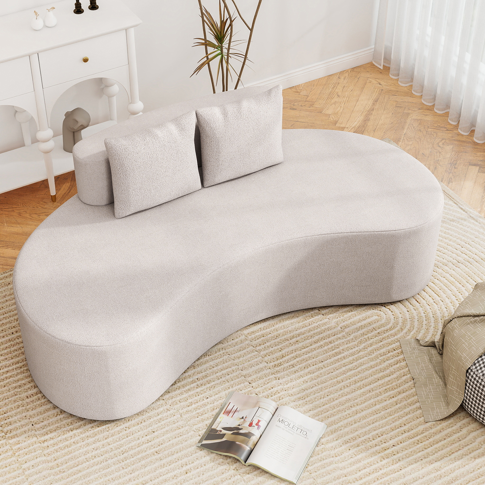 Image of 2m Sofa Couch, Upholstered Curved Sofa With 2 Cozy Pillows, Low Backrest & Spacious Sponge Padded Seat, Anti-slip Bottom, No Assembly Needed, Modern Floor Couch For Living Room, Bedroom, Office