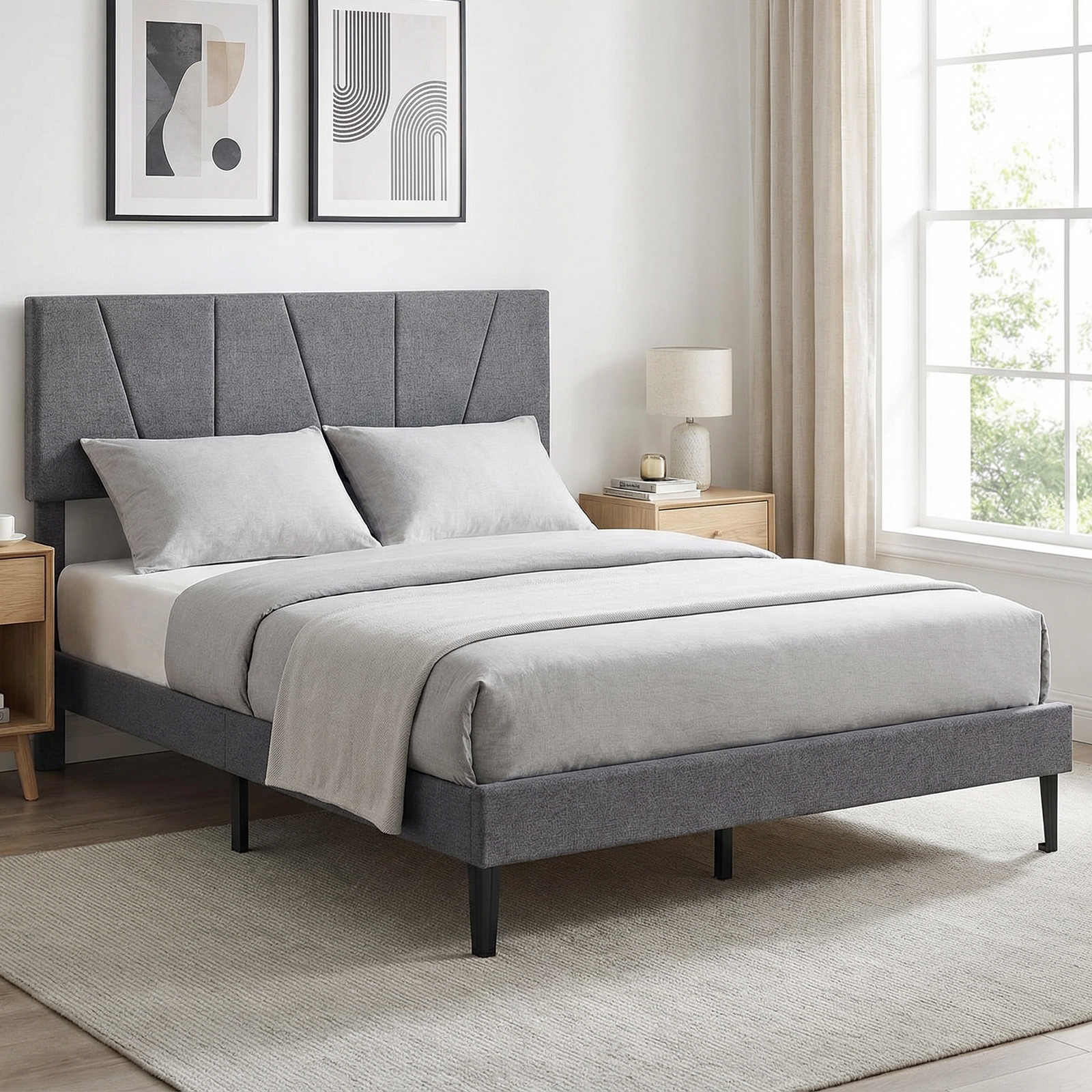 Double Size Bed Frame, Linen Upholstered Platform Bed With Geometric Height Adjustable , 140 X 200 Cm, Dark Grey