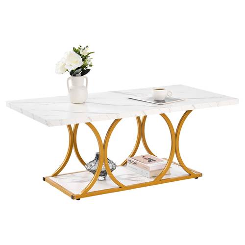 item picture coffee table modern marble coffee table large 2 tier rectangle center desk with geometric legs minimalist sturdy metal frame accent end desk for living room assembly white