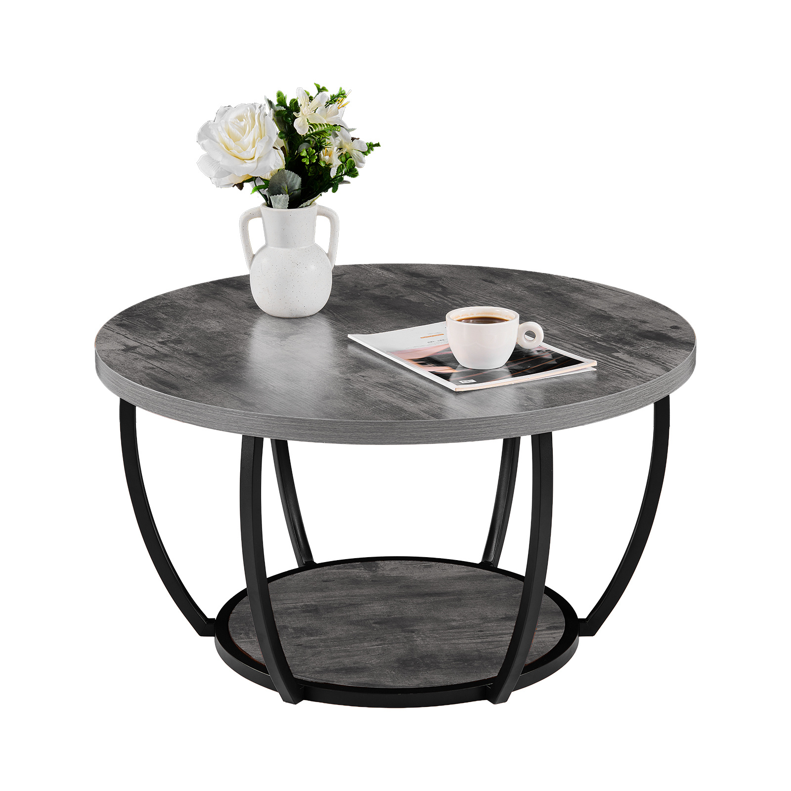 Image of Vevor Coffee Table, Modern Round Coffee Table, 2 Tiers Wooden Circle Center Desk With Open Storage, Minimalist Sturdy Metal Frame Accent End Desk For Living Room, Office, Easy Assembly, Grey