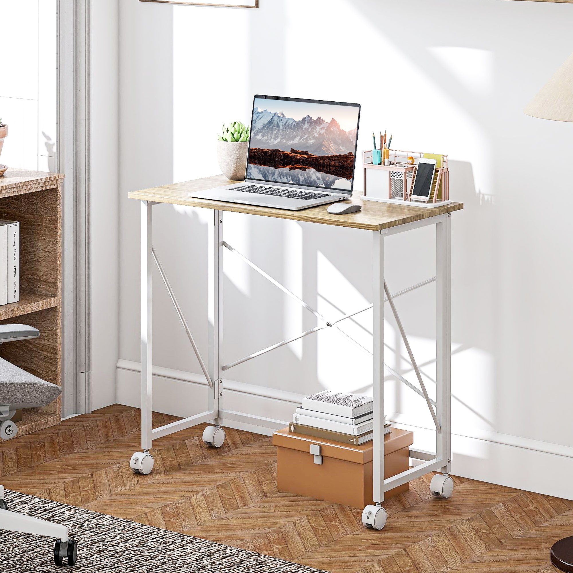 Image of Desk Computer Desk With Wheels Foldable Office Desk In With Space-saving Folding Table For Study, Bedroom, 80 X 40 X 75 Cm Natural