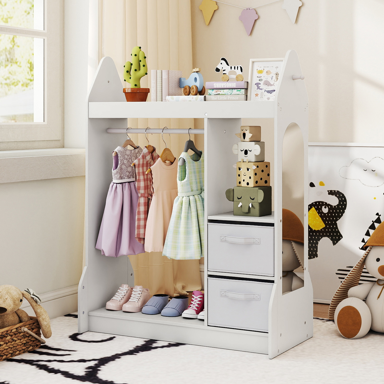 Image of Kids Play Armoire Dresser, Children Dress Up Center With Acrylic Mirror, Cloth Hanger, Top Shelf & Open Shelves, Foldable Fabric Bins, Toddler Clothes Storage Organizer For Kids Room & Bedroom