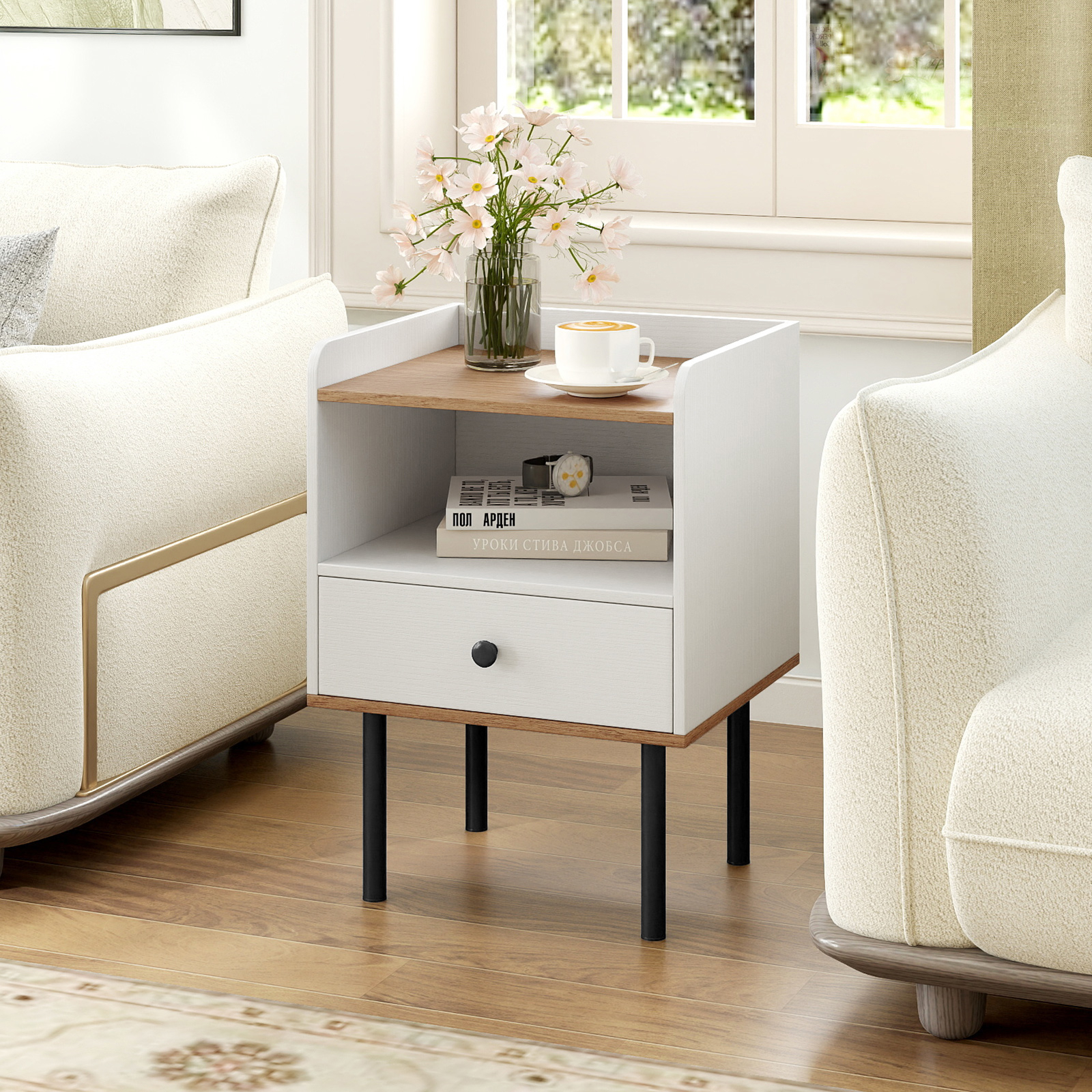 Nightstand, Bedside Table With Drawer & Open Storage Shelf, Modern Sofa Side Table With Metal Legs, Compact End Table For Living Room, Bedroom, Small Spaces, White & Natural