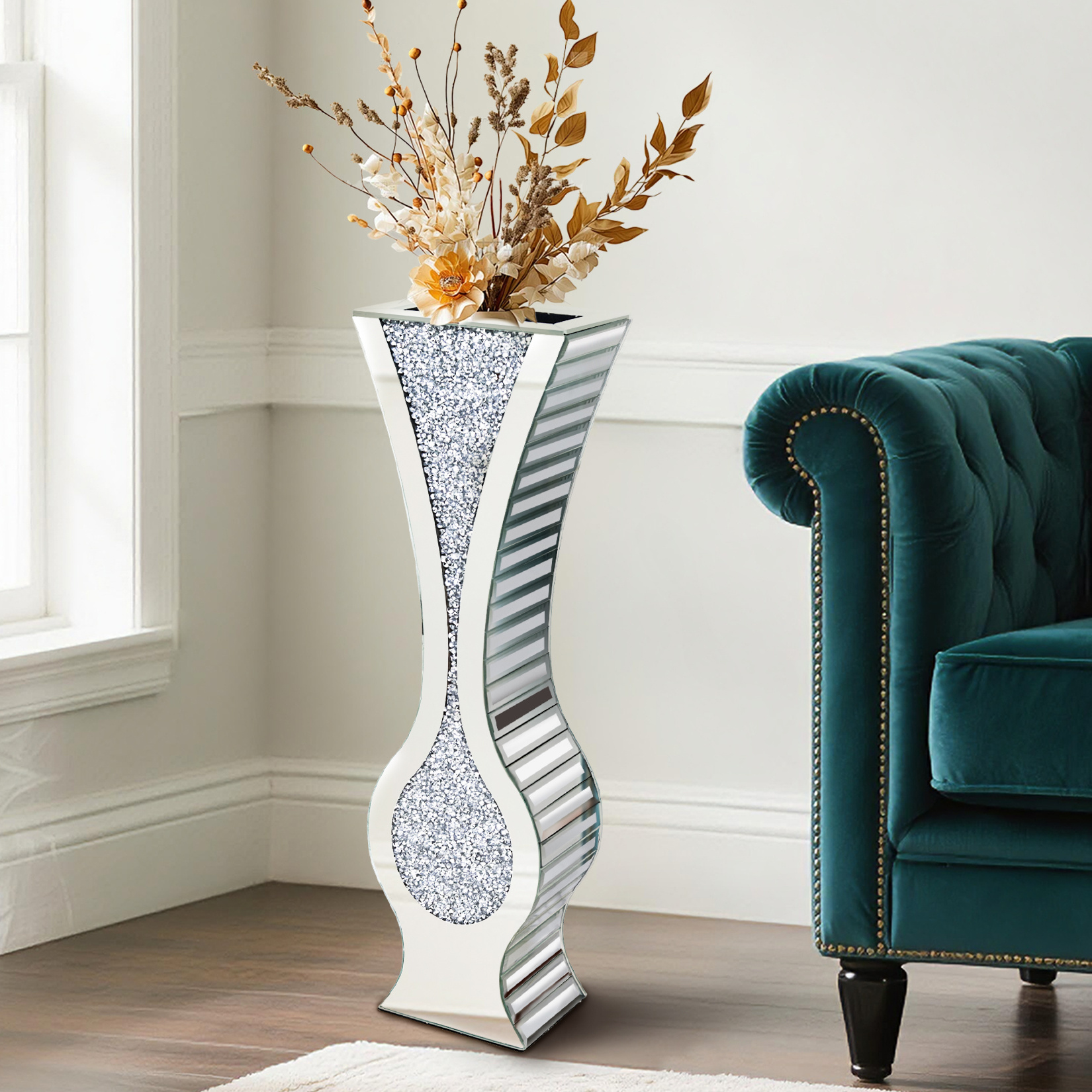 Image of Large Vase | Fashionable Design, 21.5x13x68.5cm, Crushed Diamond, Large Silver Vase, Easy To Clean And , Suitable For Dried, Artificial Flowers, Ideal For Living Room, Entryway