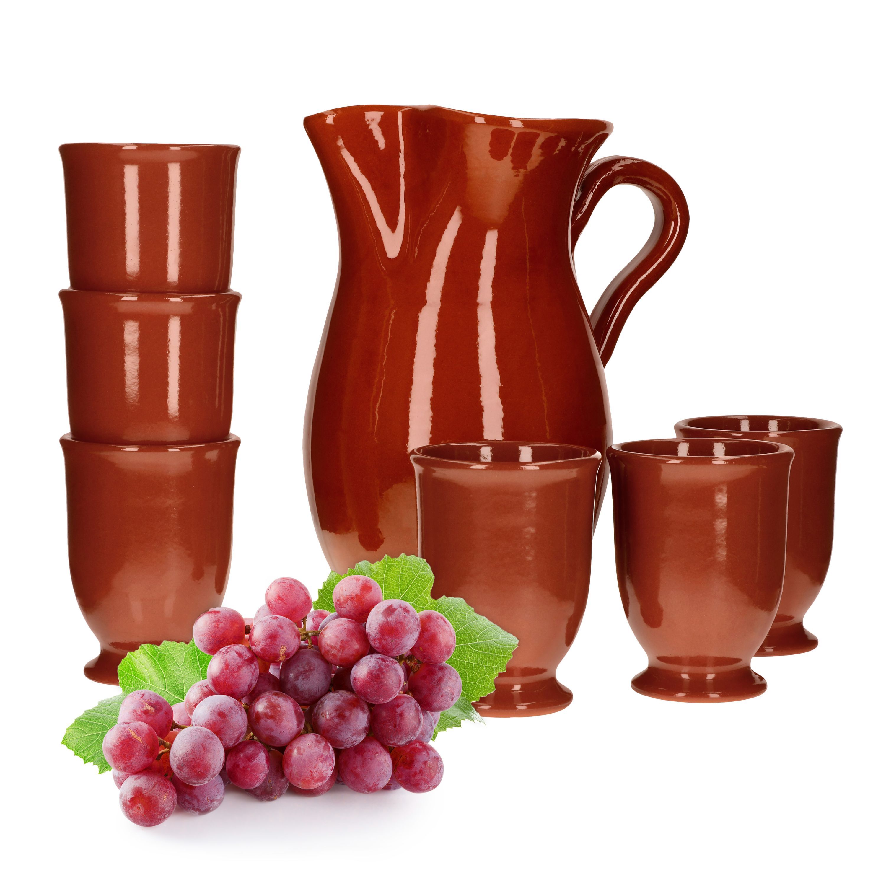 7-piece Clay Pottery Set: Clay Jug 1.9l + 6 Clay Mugs 175ml, Brown Glazed