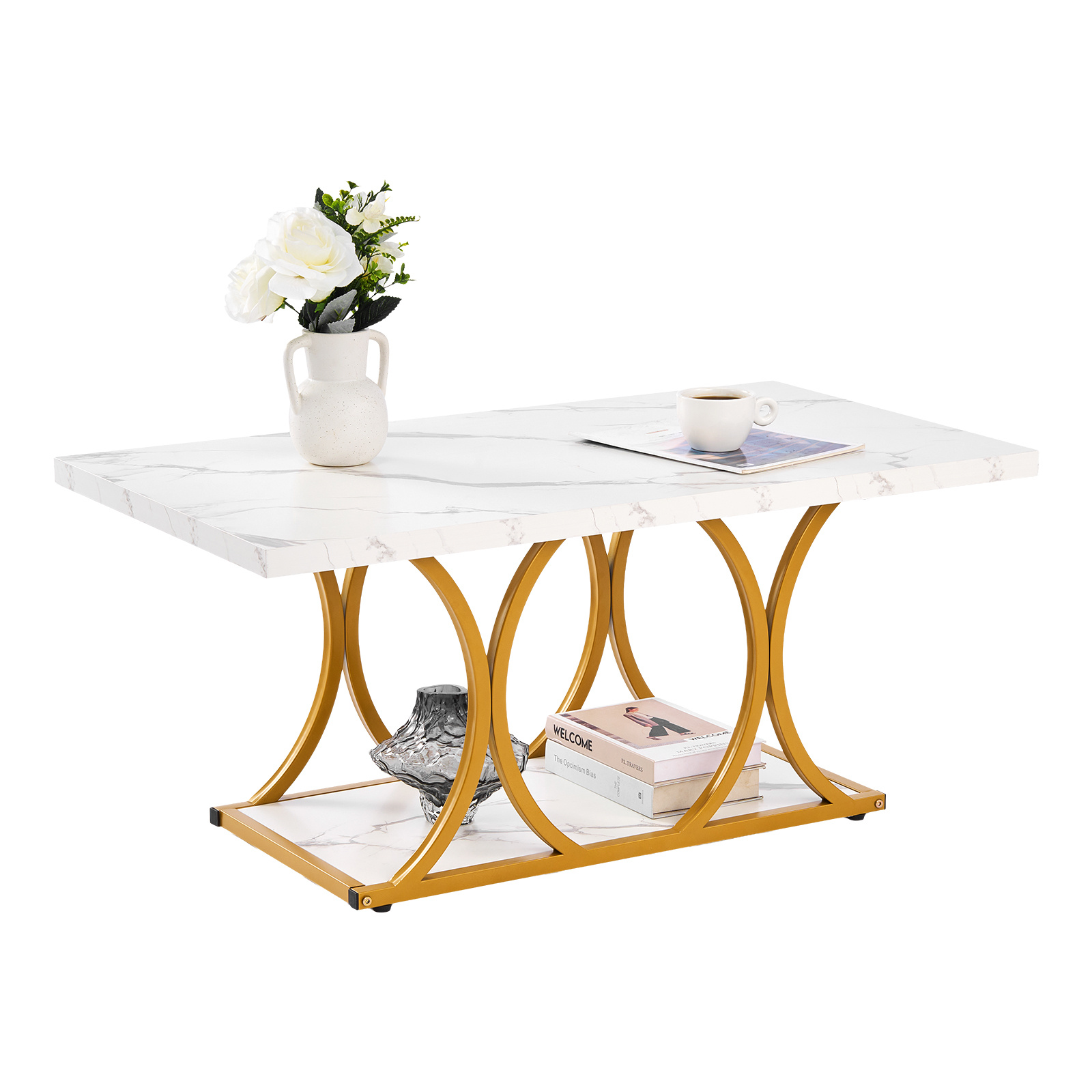 Image of Vevor Coffee Table, Modern Marble Coffee Table, 2-tier Rectangle Center Desk With Geometric Legs, Minimalist Sturdy Metal Frame Accent End Desk For Living Room, Office, Easy Assembly, White