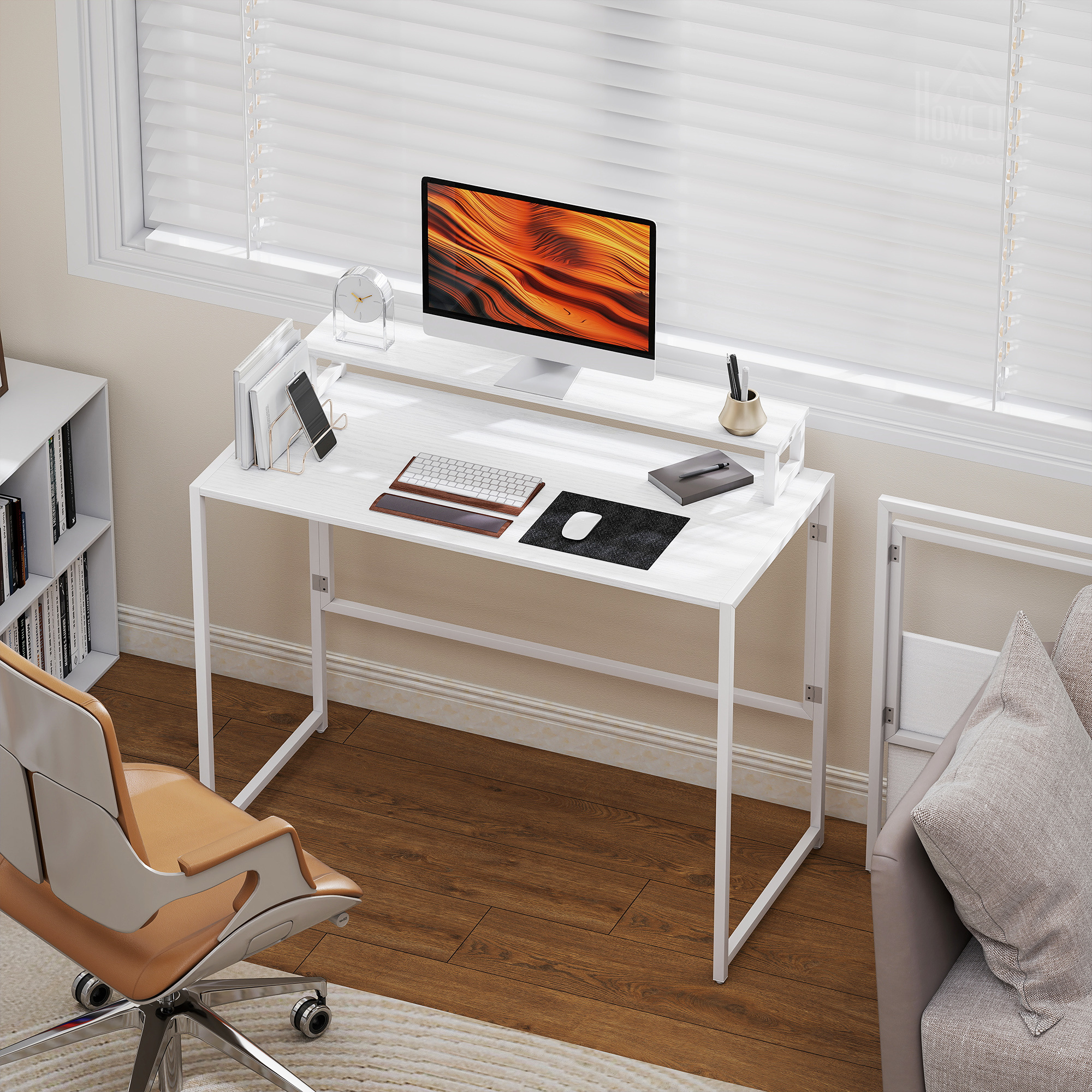 Image of Folding Computer Desk With Monitor Holder, For Study, Bedroom, Home Office, 100 X 48 X 87.5 Cm, White