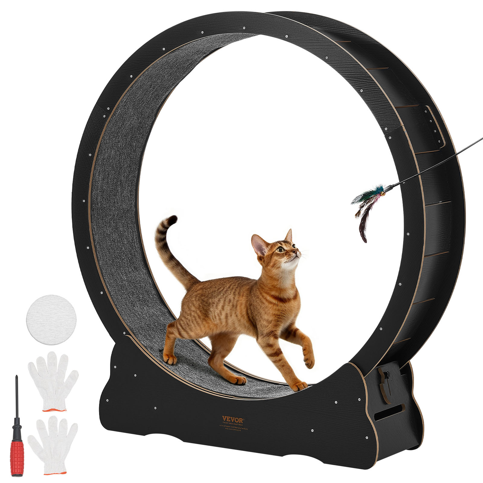 Image of Vevor Cat Exercise Wheel, 132cm Wooden Cat Running Wheel For Indoor Kitten Up To 12.7kg, Cats Treadmill With Carpeted & Locking Mechanism, Quiet Cat Sport Toys For & Health, Black