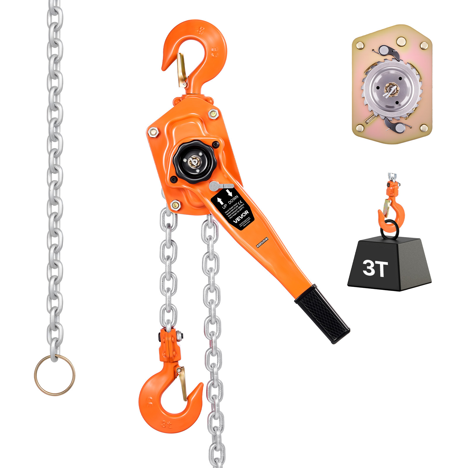 Vevor Manual Lever Chain Hoist, 3t 3000kg Capacity Heavy Duty Come Along, 6m Lift G80 Alloy Steel Chain With Dual Pawl Mechanical Brake, 360° Rotating Hooks, For Warehouse Construction Garage