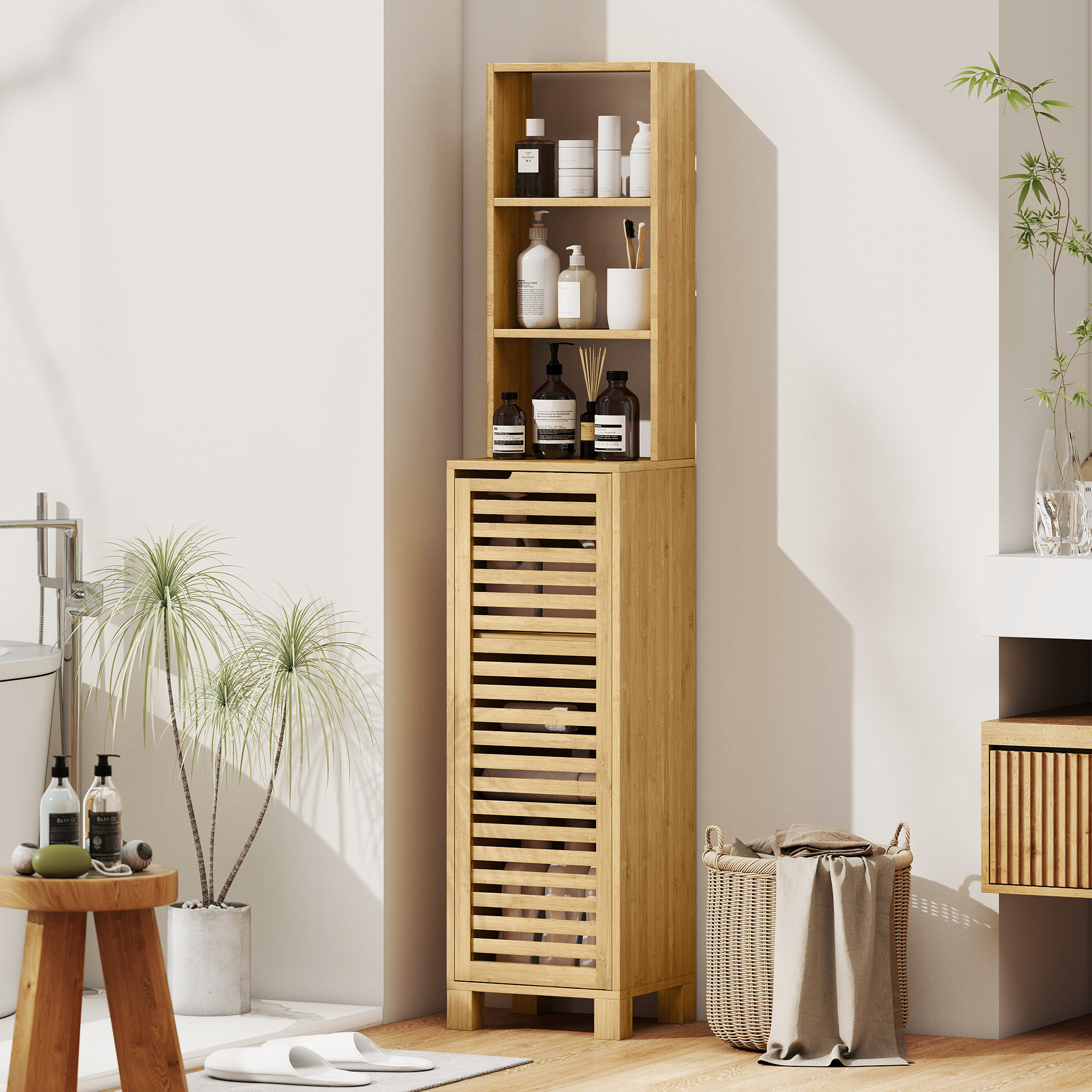 Narrow Bathroom Cabinet, Tall Toilet Cabinet With 3 Open Shelves, Adjustable Shelves, Slatted Door, Bamboo Bathroom Cabinet For Bathroom Or Living Room, 34 X 30 X 170 Cm, Natural