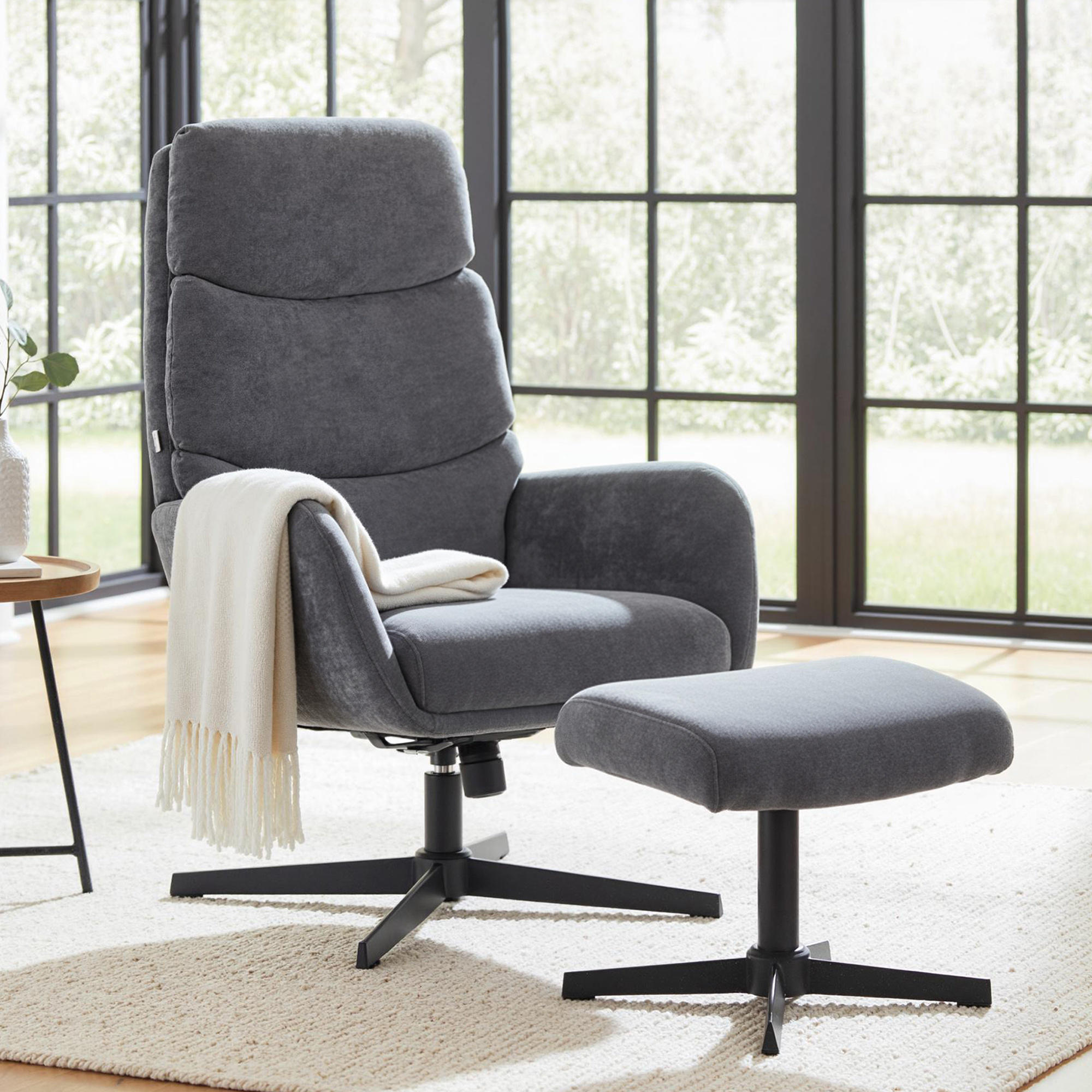 Relaxation Armchair With Ottoman, Armchair With High Backrest, Lounge Armchair With Rocking Function Linen Optics Metal Base, Upholstered Armchair For Living Room, Bedroom, Grey