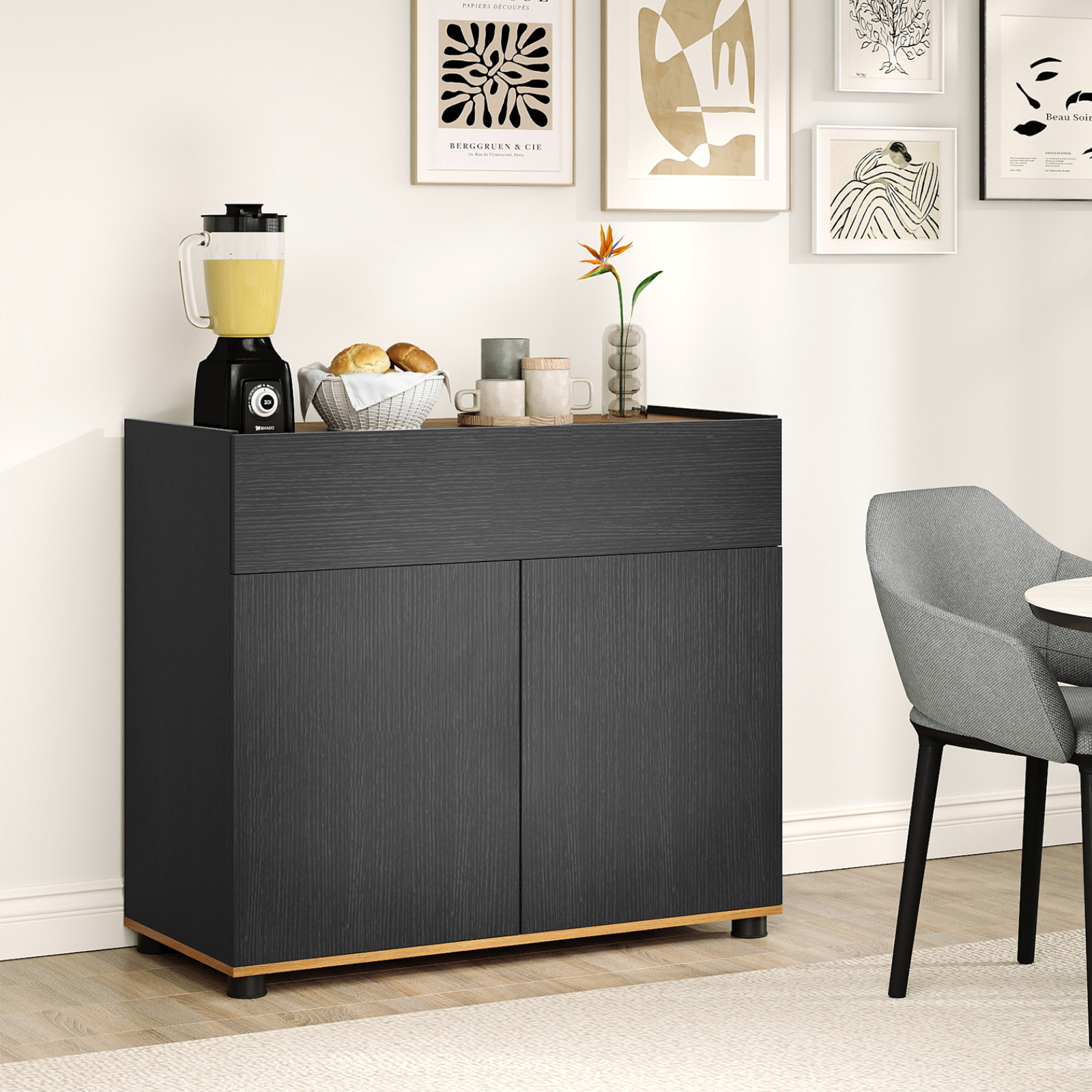 Image of Sideboard Buffet Cabinet With Storage, Wooden Coffee Bar Station Table With 1 Drawer & 2 Doors, Credenza, Freestanding Storage Cabinet For Kitchen, Dining Room & Living Room