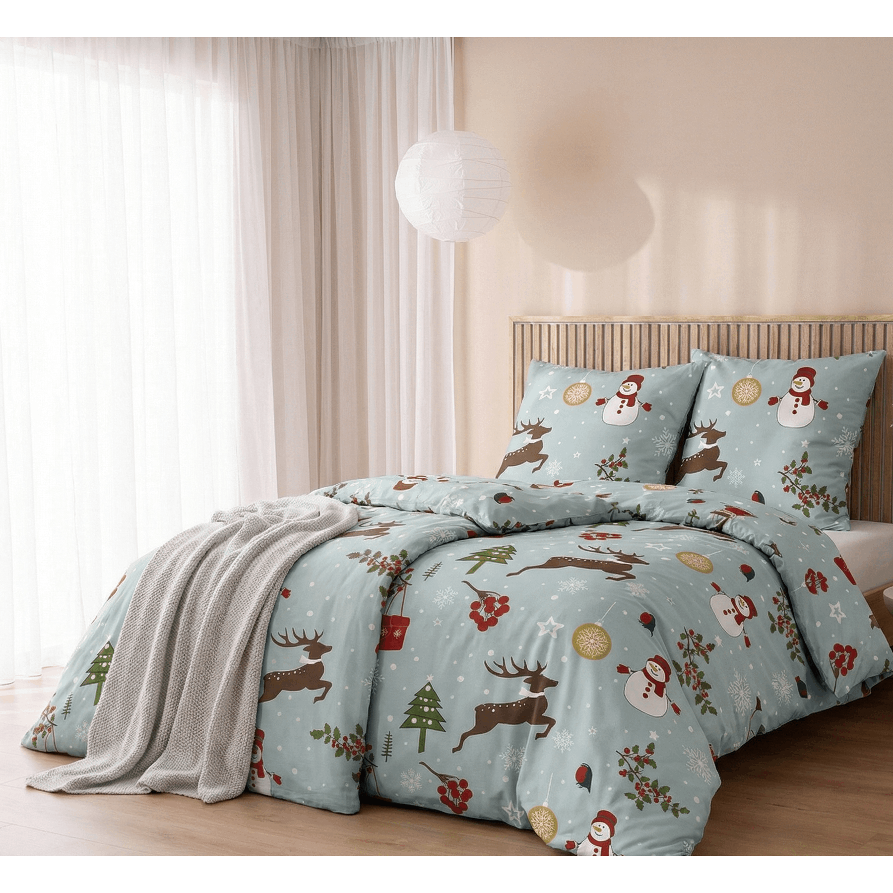 Image of Sleep - - Brand Bedding Finewinter Bedding Set - 100%, Extra Warm & Fluffy - Motif: Reindeer & Snowman ( Blue) - With Zipper & Pillow 80x80cm 135x200cm And 155x220cm - Öko-tex Certified