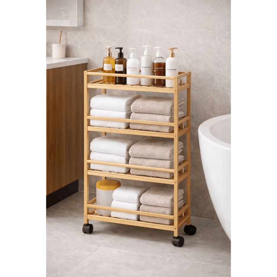 TEMU Estantería de Baño de Bambú de 3 Niveles Carrito Auxiliar de Almacenaje con Ruedas para Salón Cocina 44.5x20x75 cm Natural