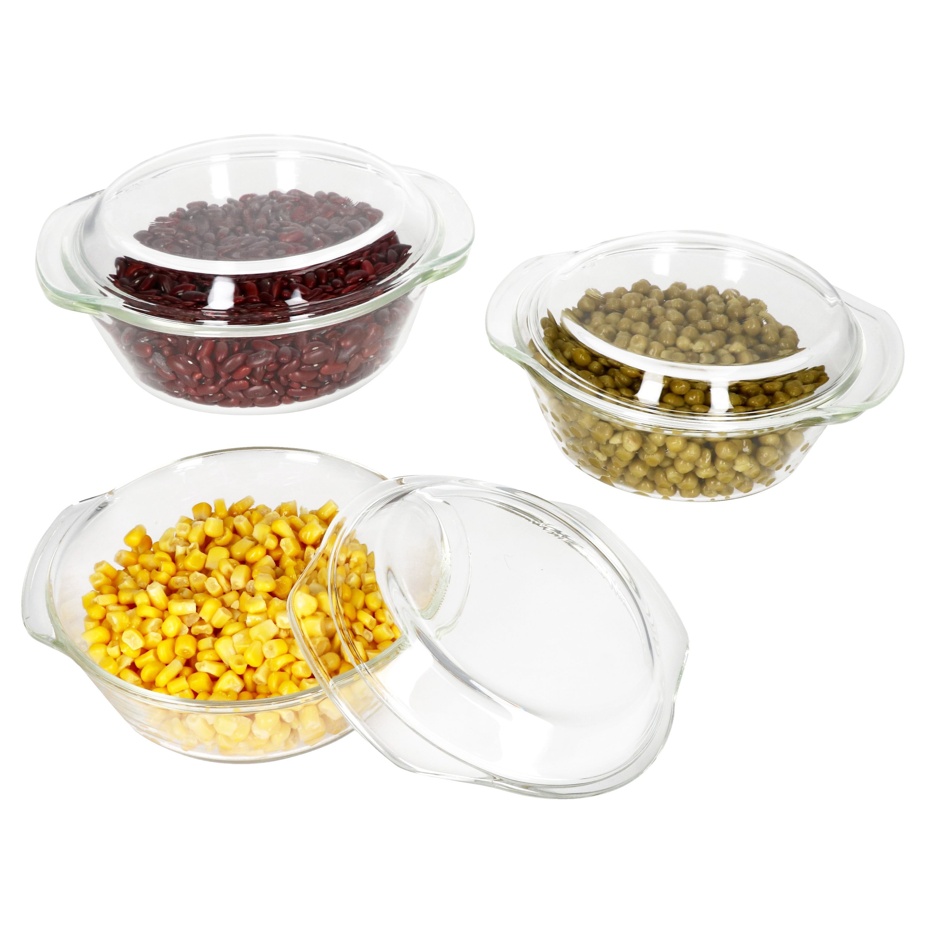 E-shop 3tlg Set Brat- & Backform mit Deckel rund 1x 700 ml, 1x 1L & 1x 1,5L aus Glas - 90540
