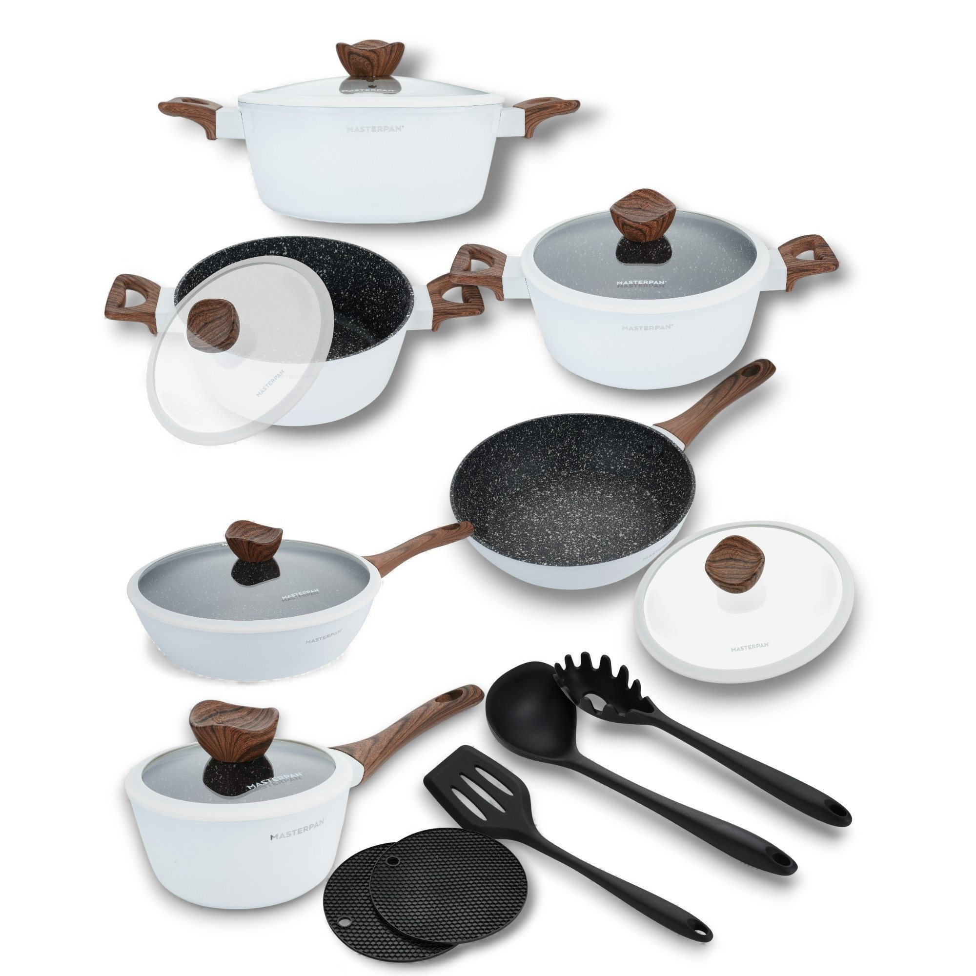 Masterpan 15pcs Cookware Set | White Pots | With Lid | Cooking Pot | Lid | Pan | Pot And Pan Set | Induction | Induction Cookware | For All Stove Types | Mp7002