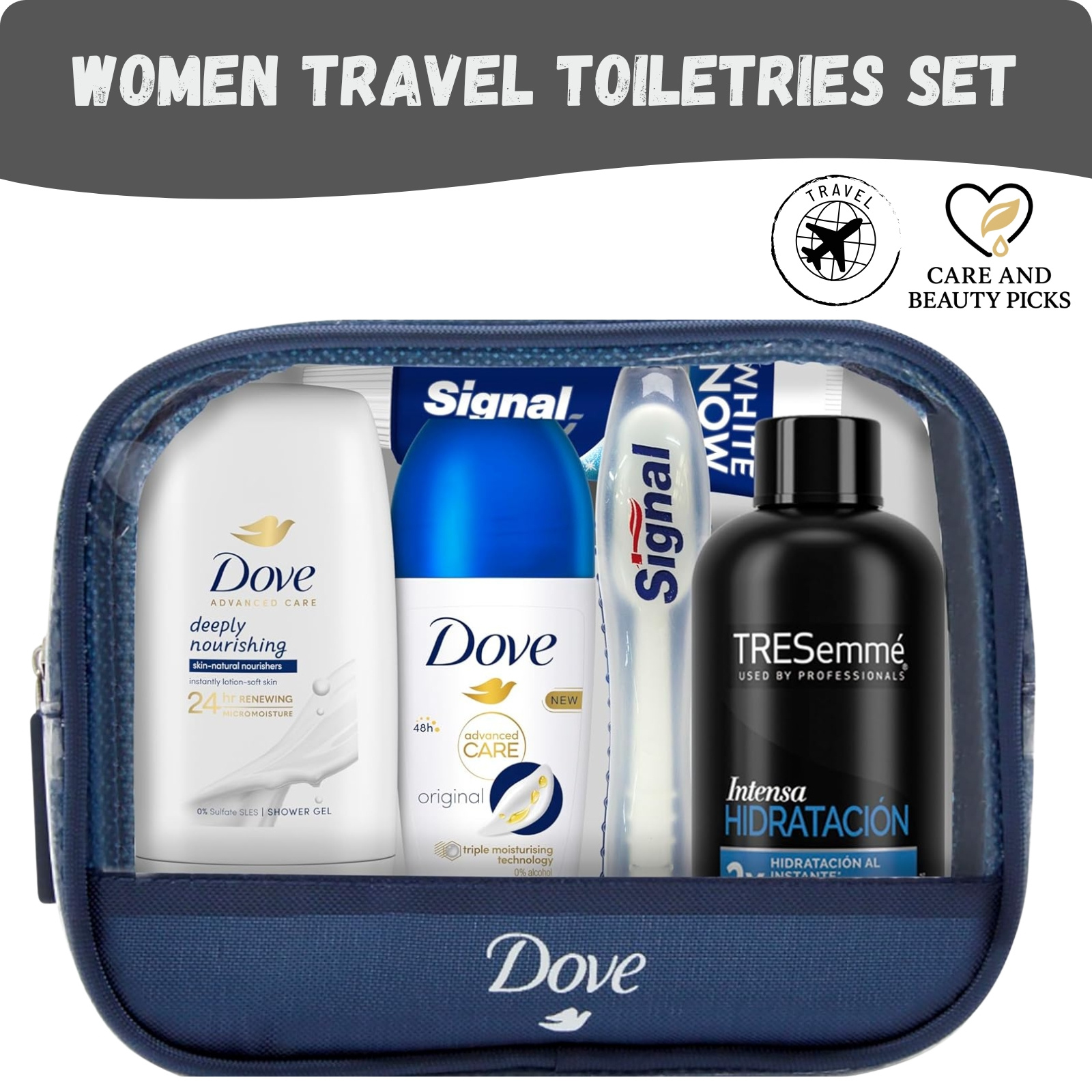 TEMU Dove Travel Toiletries For Women, 5 Units Travel Essentials, Includes Travel Shampoo (100ml), Travel Shower Gel (55ml), Travel Roll On Deodorant