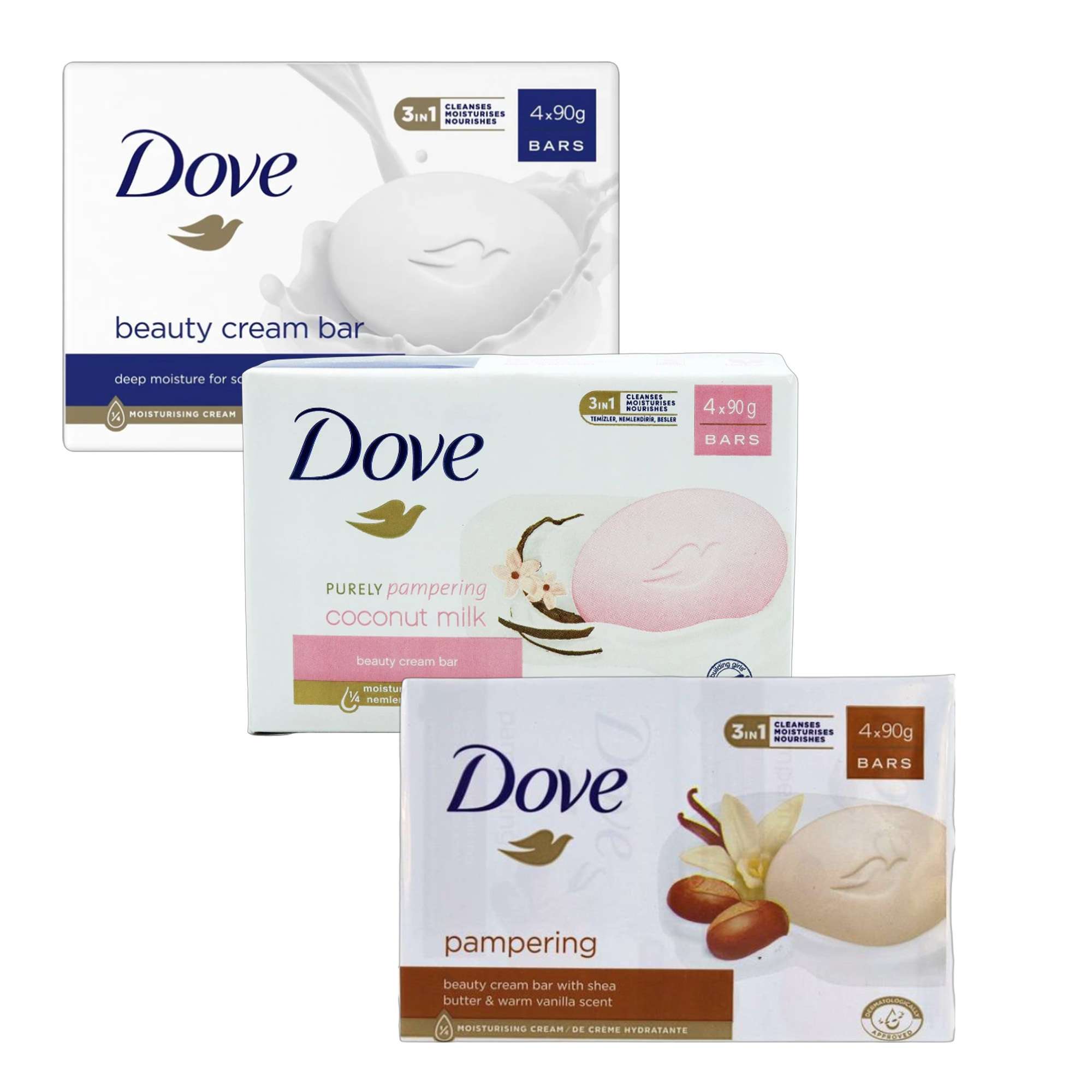 TEMU Dove Beauty Mixed Set – 3 Packs (4 × 90g Each) – Original, Coconut Milk & Shea Butter
