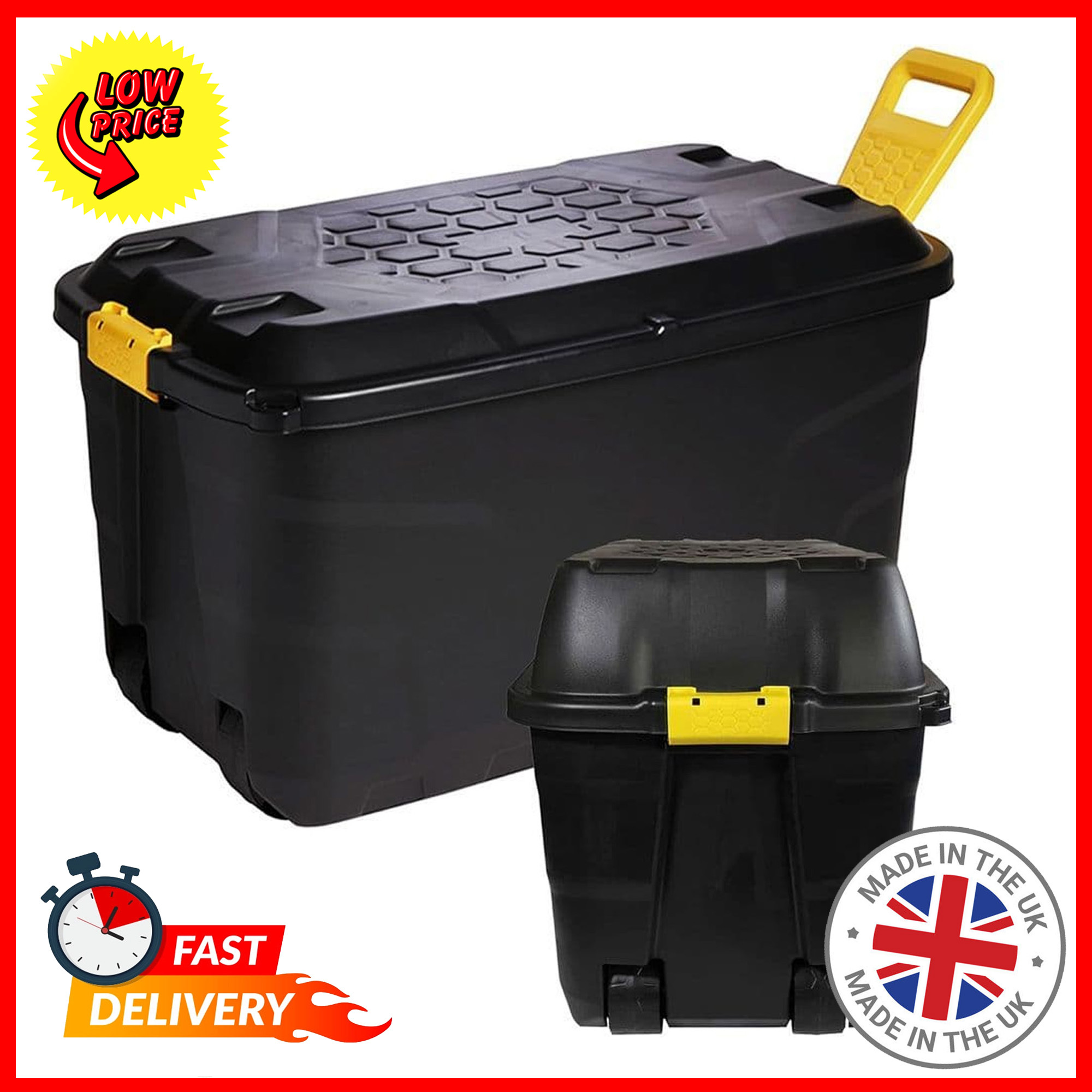 145 litre indoor outdoor black plastic storage trunk heavy duty complete with wheels handles