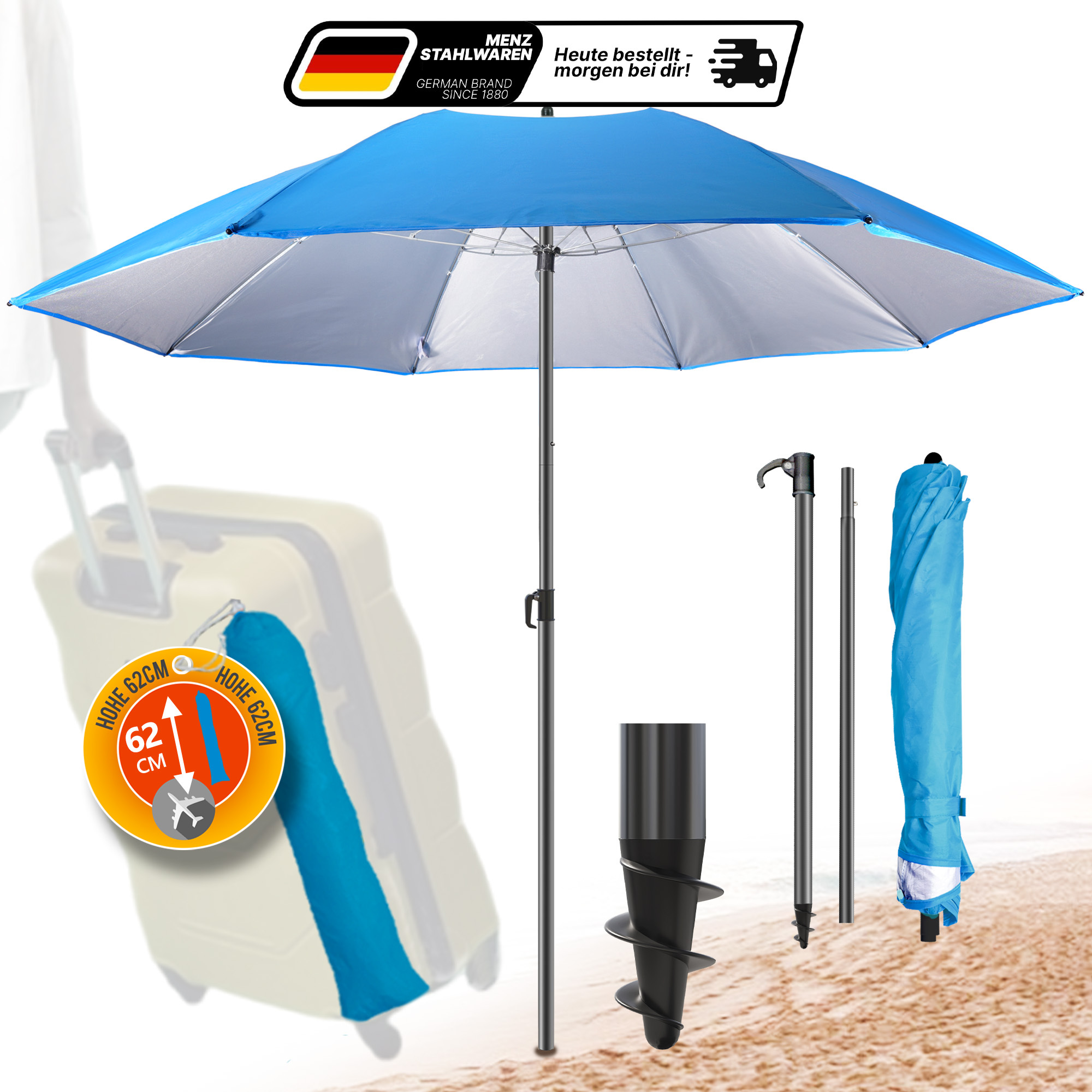 E-shop Gravensteel Kompakt faltbar Ø 160 cm UPF 50+ Travel-Strandschirm, kofferfreundlich für Strandreisen – Farbe: Blau/Beige