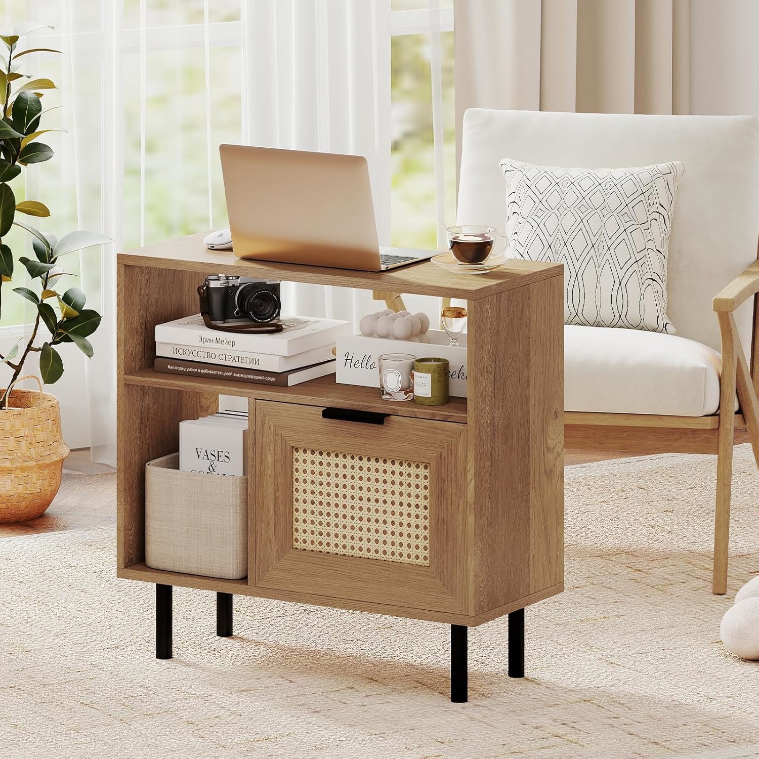 Boho Rattan Nightstand, Accent Side End Table With Storage Shelf, Cabinet And Metal Legs, Rustic Bedside Table