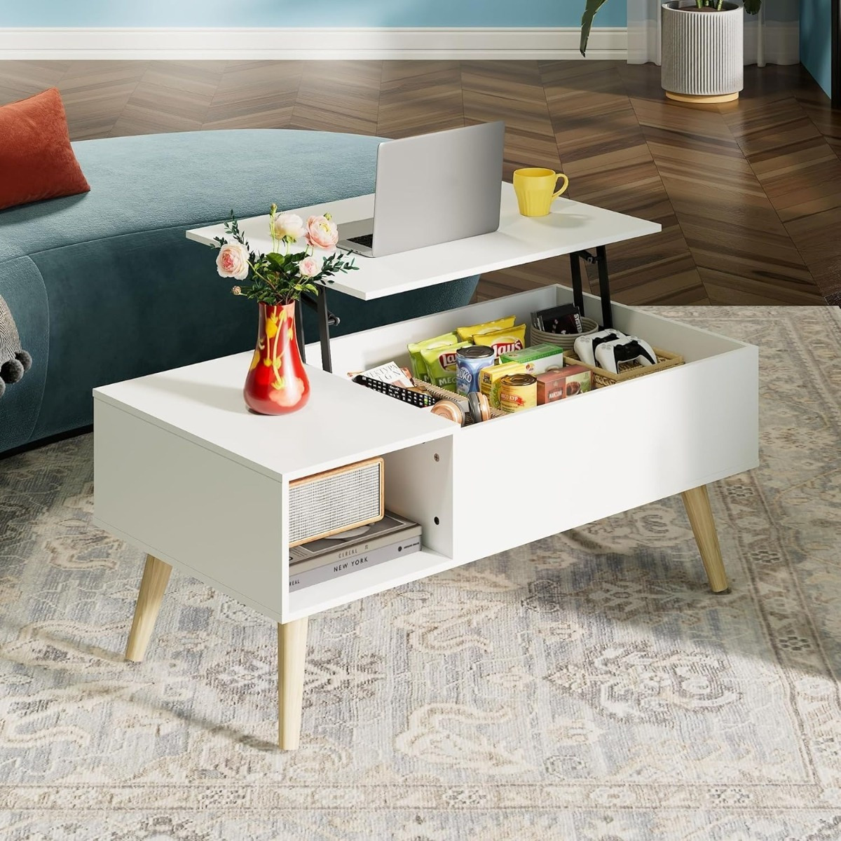 TEMU Table Basse Réglable en Hauteur, Extensible, Table de Salon avec Grand Compartiment de Rangement , Plateau de Levage, Table Basse pour Bureau,