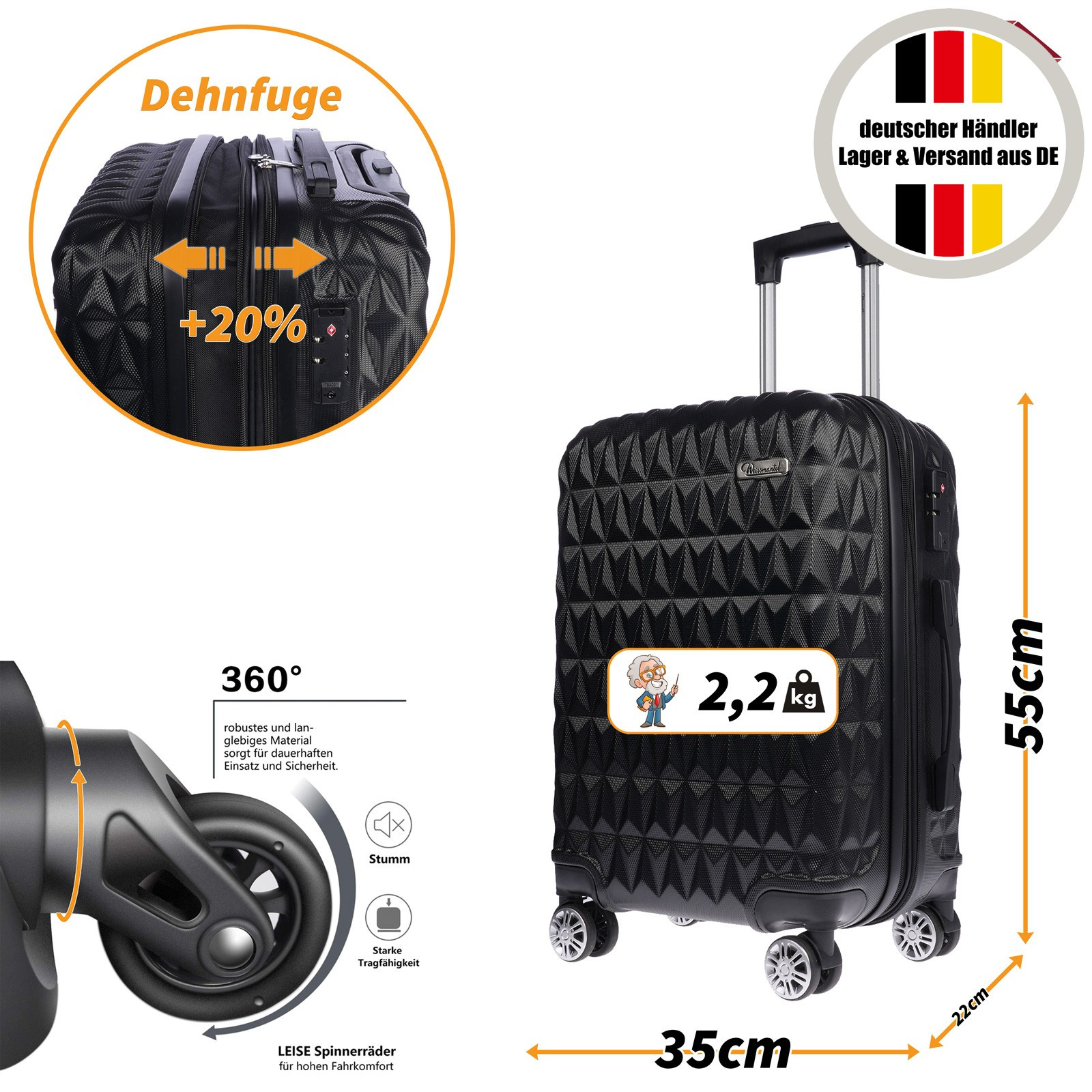 Image of Christian Wippermann Hand Luggage Luggage Travel Suitcase Expandable Luggage Size M 4-wheels Large 35x55x22 Cm With 50 , 2.2 Kg Light For