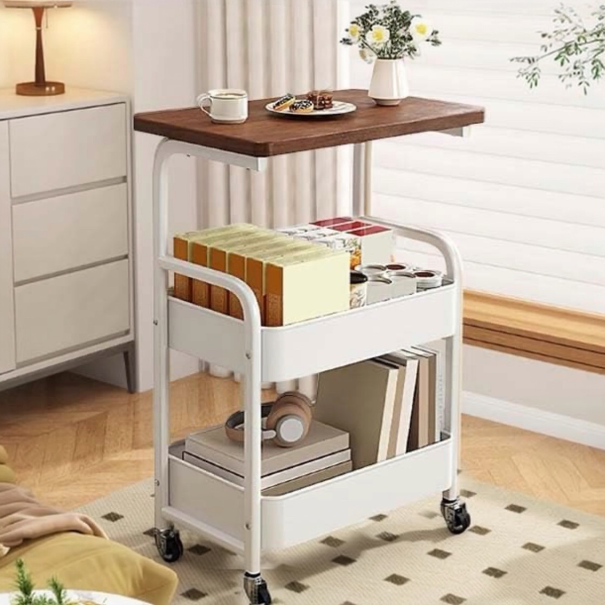 TEMU Carro móvil, Carrito de Almacenamiento de 3 Niveles, de Acero, con Mango, 2 Frenos, Montaje fácil, para Dormitorio, lavadero del baño fruta.