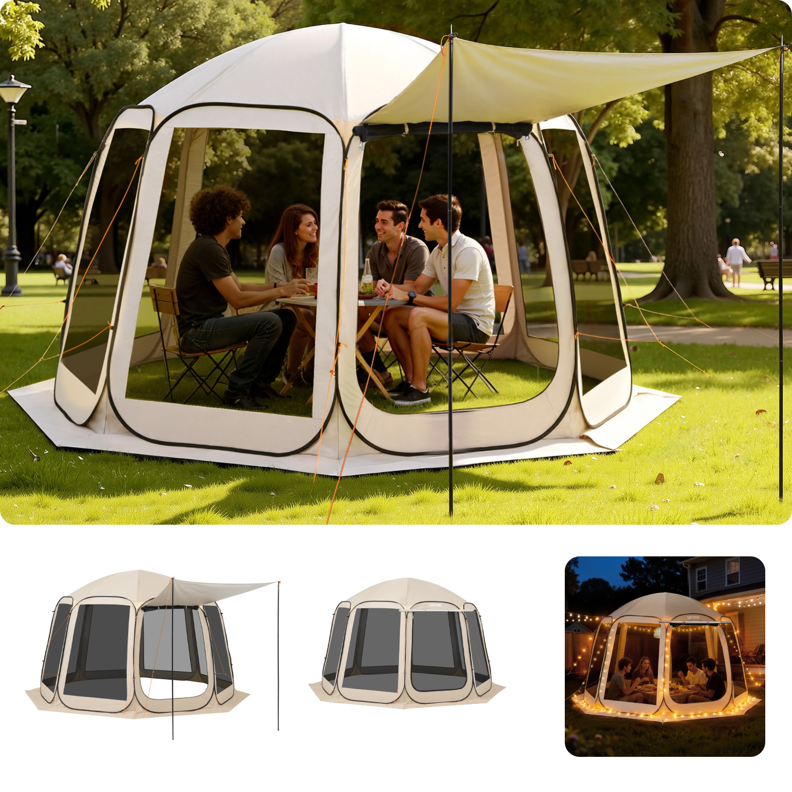 Image of Vevor Screen House Tent, 3660 X 3380 X 2300 Mm, 10-12 Person Pop Up Screen Tent With Extended Awning, Portable Screened In Canopy With Carry Bag, Netting Sides, For Patio, Outdoor Activities, Beige