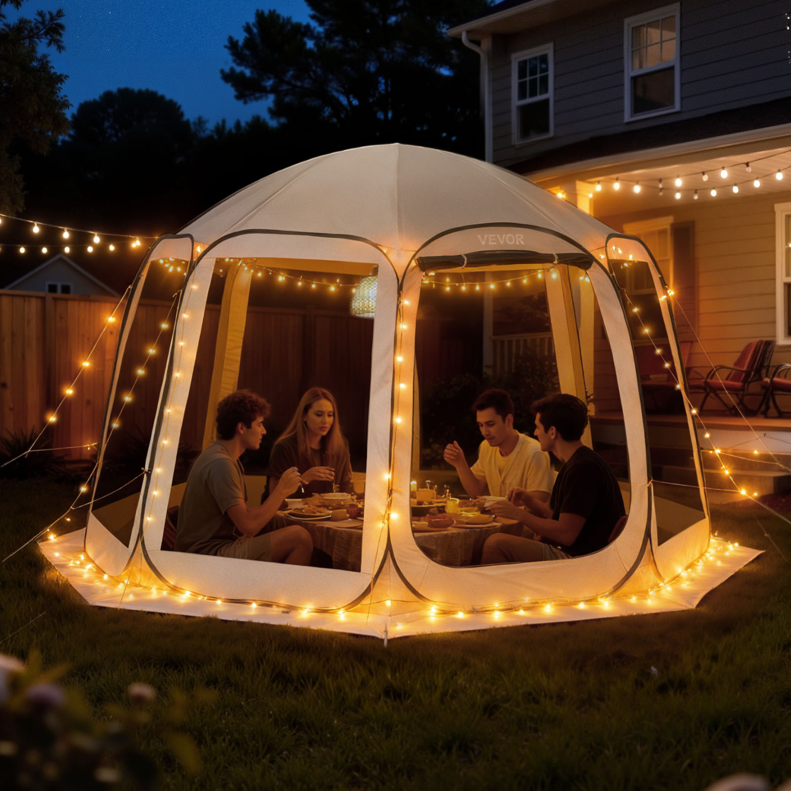 Image of Vevor Screen House Tent, 3660 X 3380 X 2300 Mm, 10-12 Person Pop Up Screen Tent, Portable Screened In Canopy With Carry Bag, Netting Sides, Ground Stakes, For Garden, Patio, Outdoor Activities, Beige