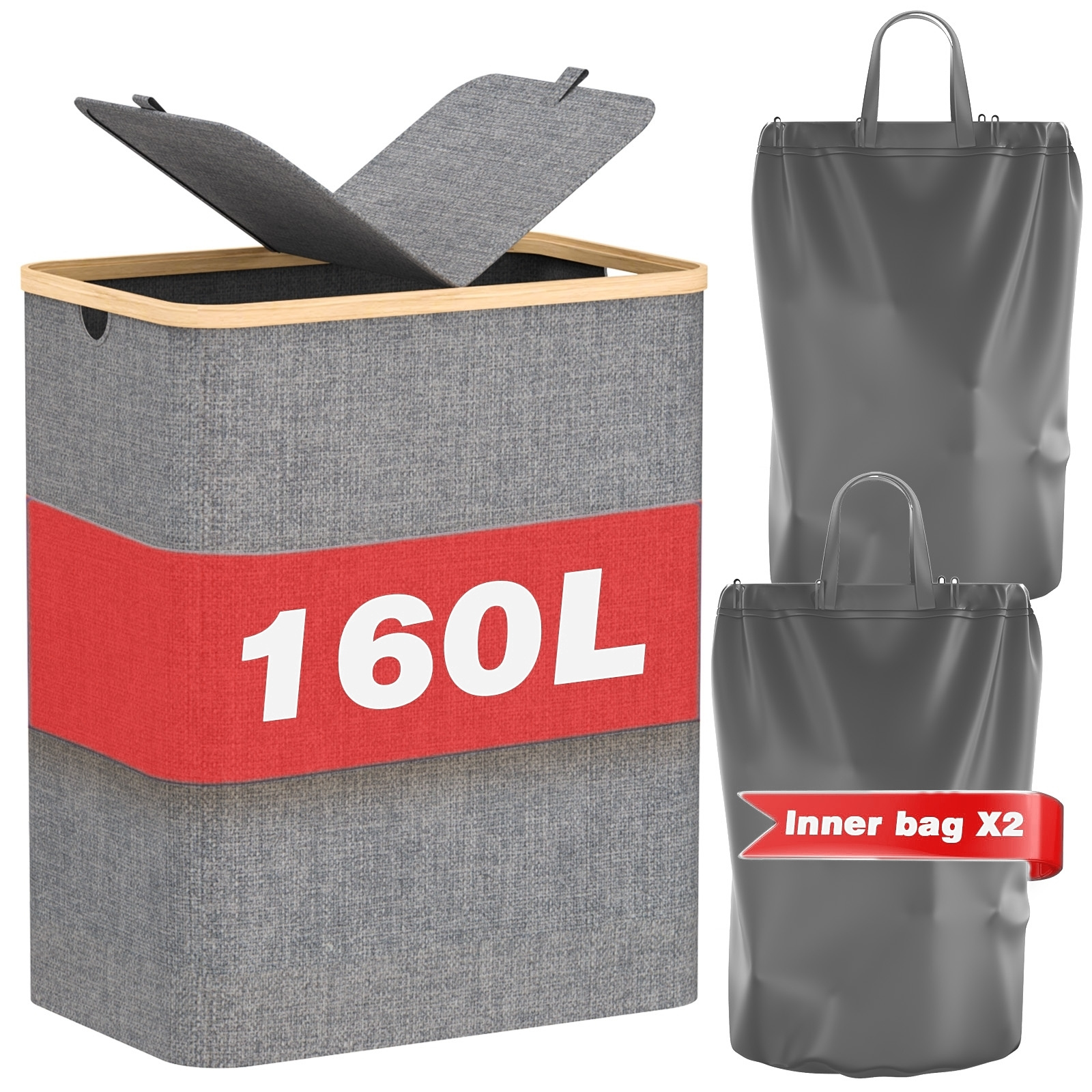 E-shop 160L Wäschekorb mit 2 Deckeln, 2 Fächer, extra großer Wäschekorb, Wäschekorb für schmutzige Wäsche mit 2 herausnehmbaren Wäschetaschen