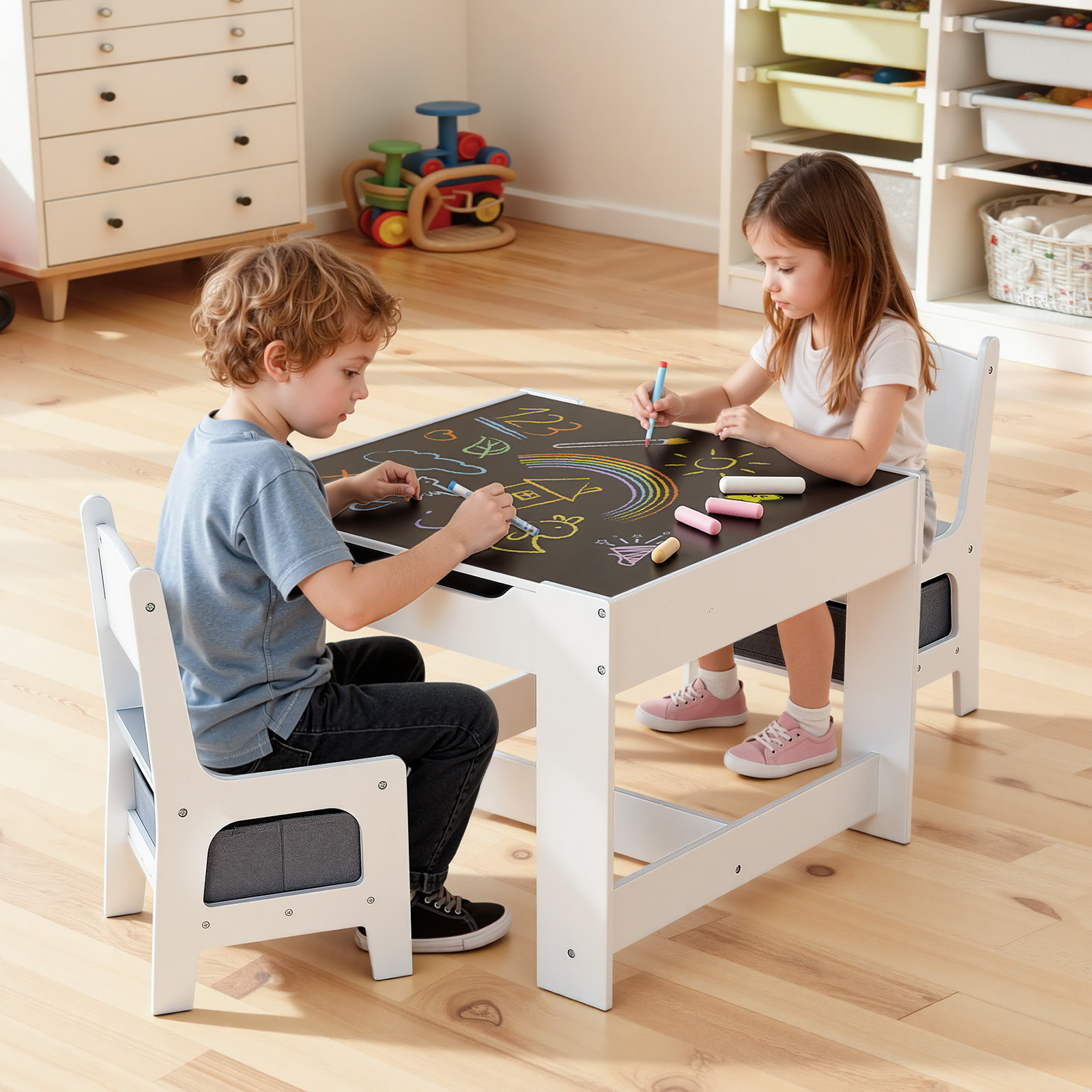 Vevor Kids Table And 2 Chairs Set, Toddler Table And Chair Set With Storage Space , Cloth Storage Box Under The Chairs, Wooden Desk For Art, Craft, Reading, Learning, Drawing, White