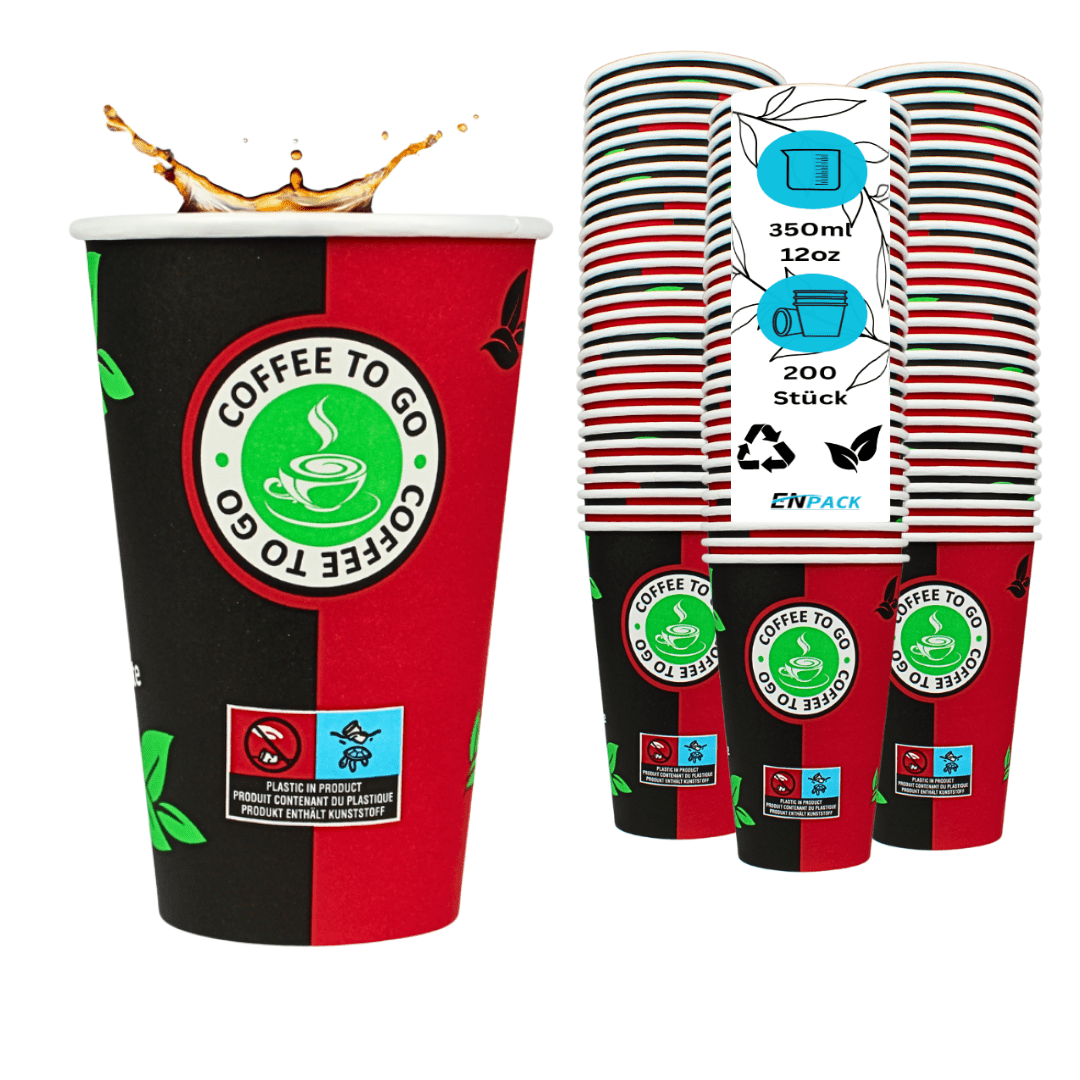 Coffee Cups 300 Ml / 12oz Black And Red - Beverage Cups - Paper Cups For Coffee, Tea, , Juices - For , Catering, Events - 200/500/1000pcs