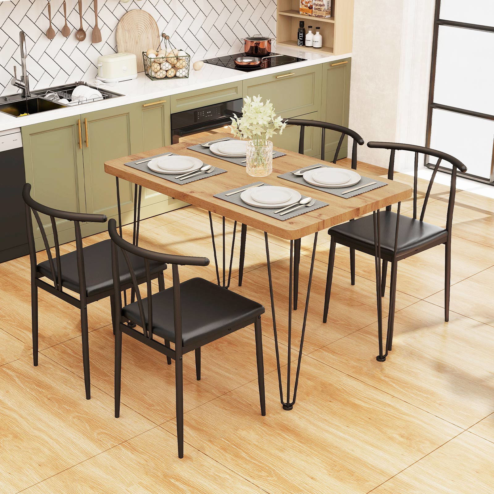 Image of 5-piece Dining Table Set, Industrial Rectangular Kitchen Table & 4 Armless Chairs W/ Upholstered Seat, Spindle Back, Metal Frame, Space- Dining Room Furniture Set For Living Room, Restaurant