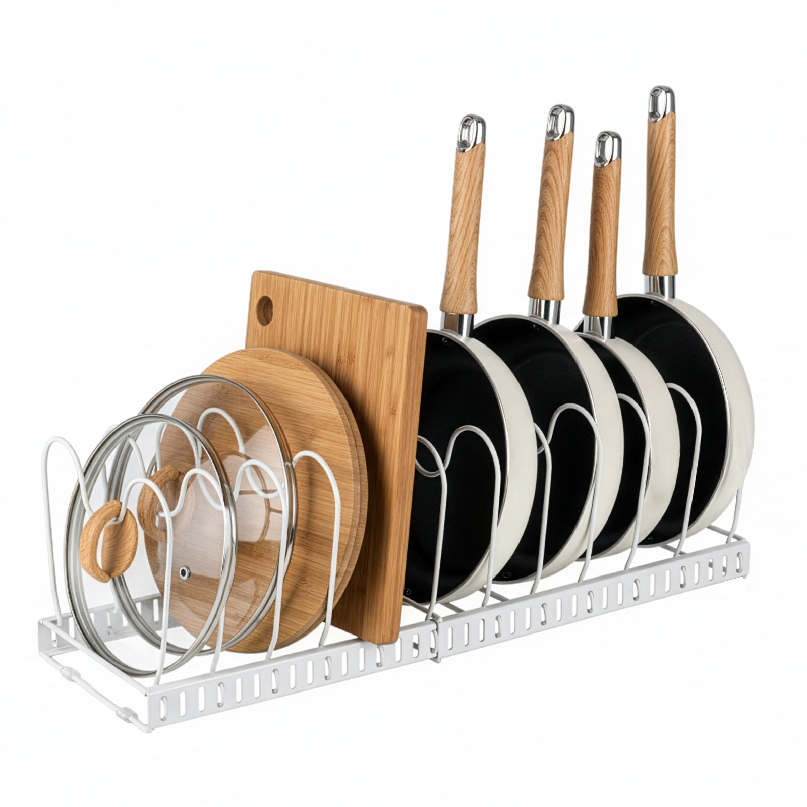 TEMU 1 Set Pot And Pan Organizer Rack With 10 Adjustable Dividers – Expandable Kitchen Cabinet Storage For Lids, Dishes, Cookware – Bakeware Rack For