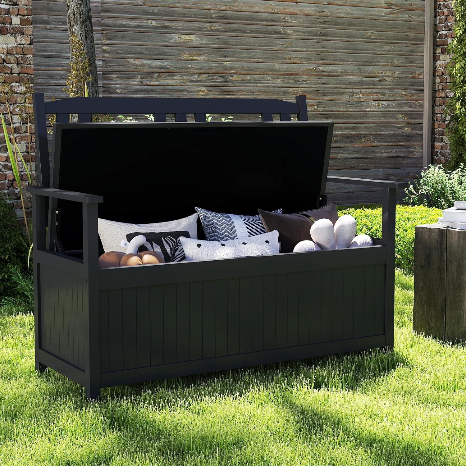 185 L Patio Storage Bench, Solid Wood Storage Loveseat With Backrest & Armrests, 2-person Entryway Large Deck Box Container With Oxford Lining For Backyard, Garden