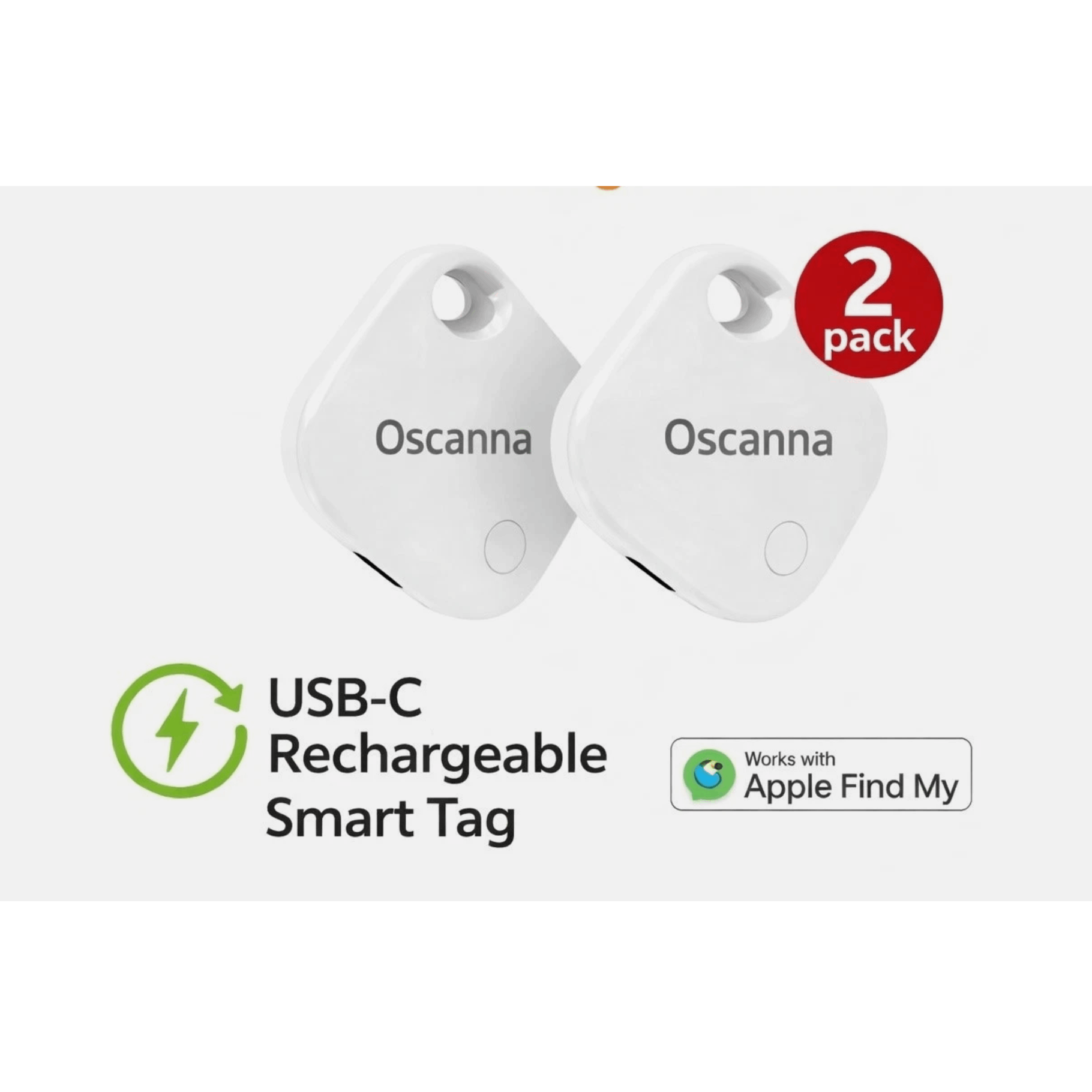 2 Pack Oscanna Rechargeable Smart Tag, Works with iOS Find My